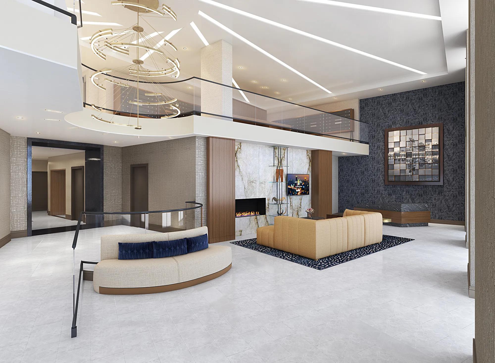 lobby with high ceilings and balcony modera mcgavock apartment homes for rent in nashville tn