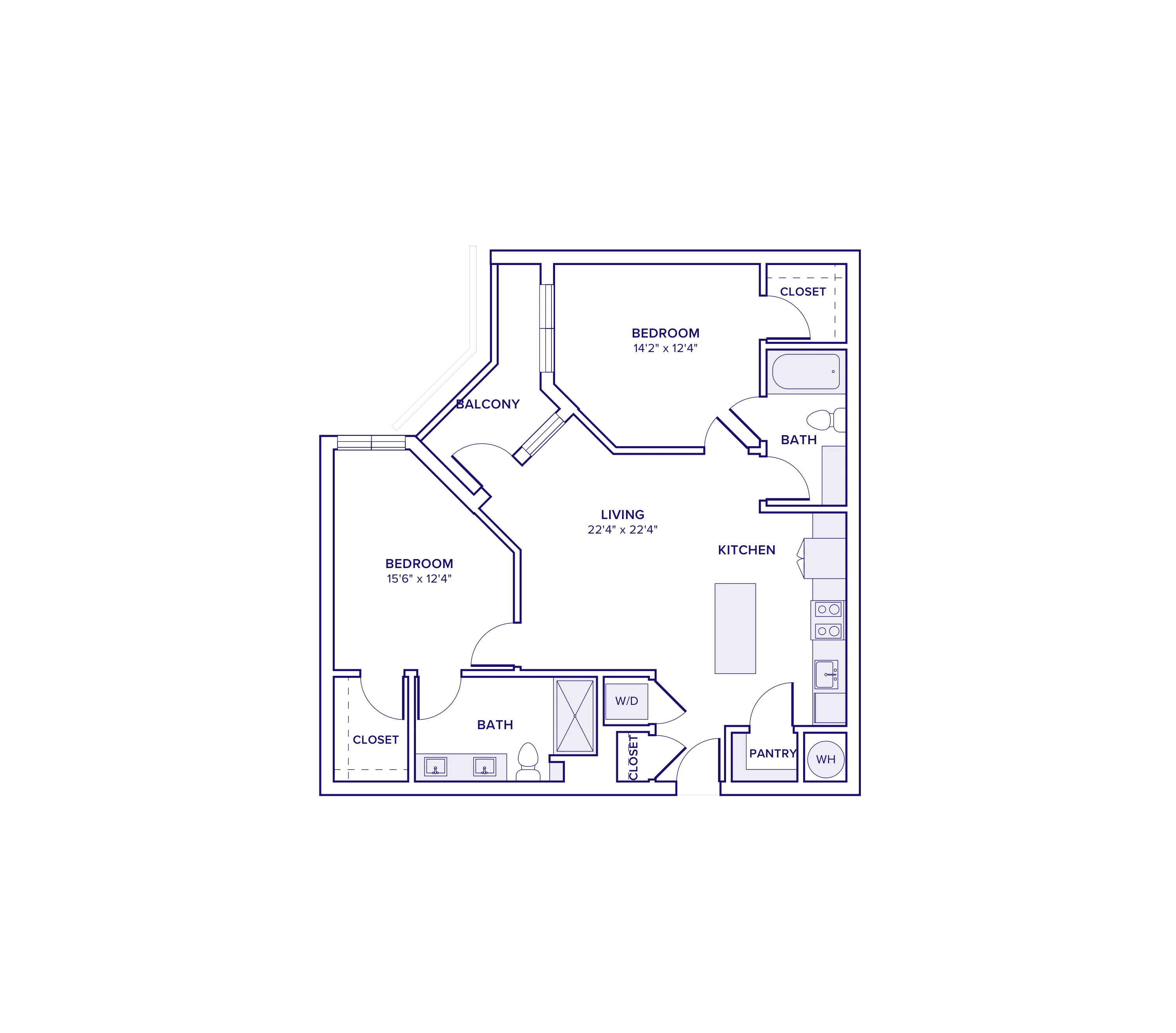 1071 square foot two bed two bath apartment floor plan in Atlanta, GA