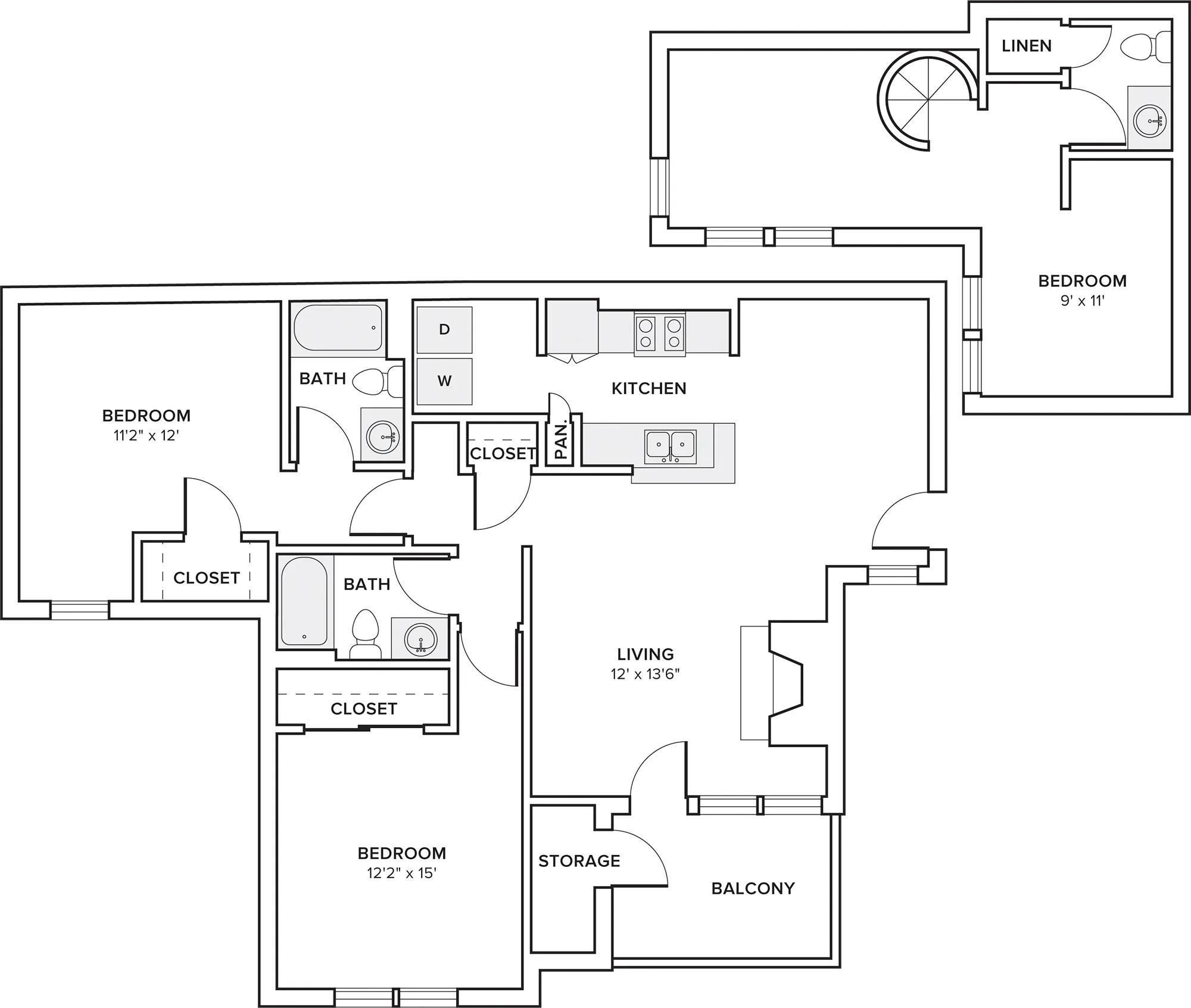 1250 square foot 2 bed 2.5 bath with loft floorplan image