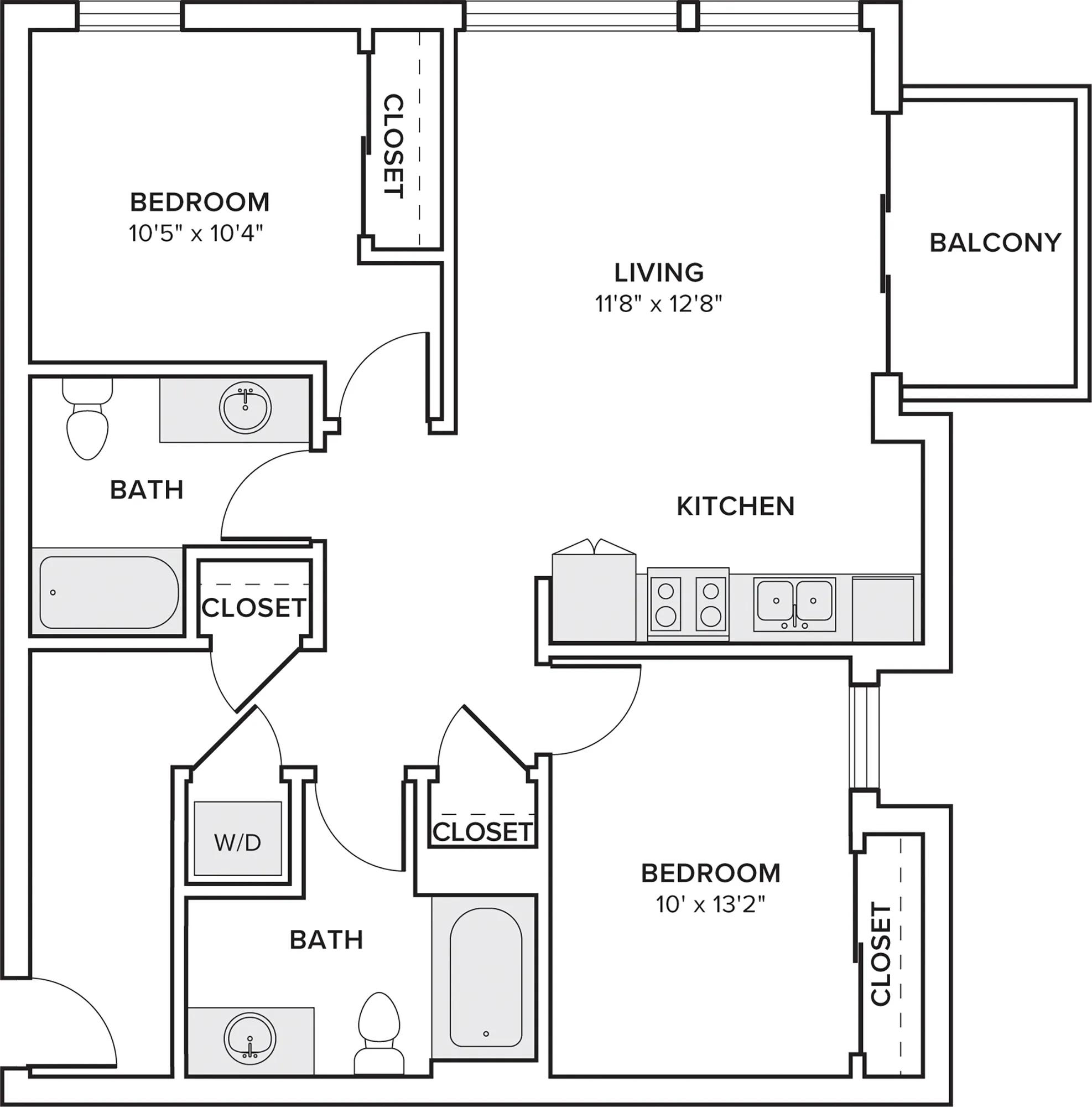 943 square foot two bedroom two bath apartment floorplan image