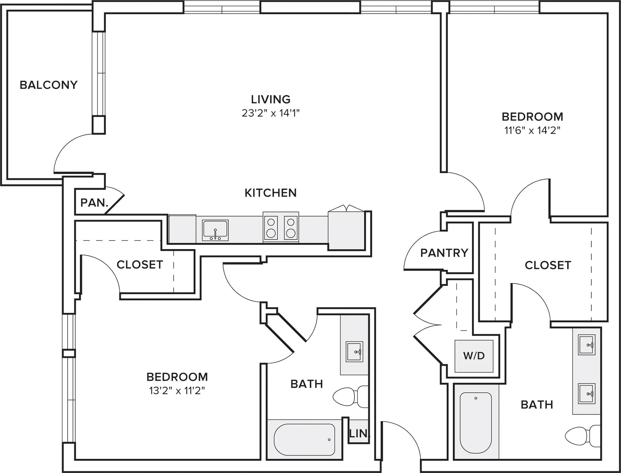 1187 square foot two bedroom two bath apartment floor plan image in Pomona, CA