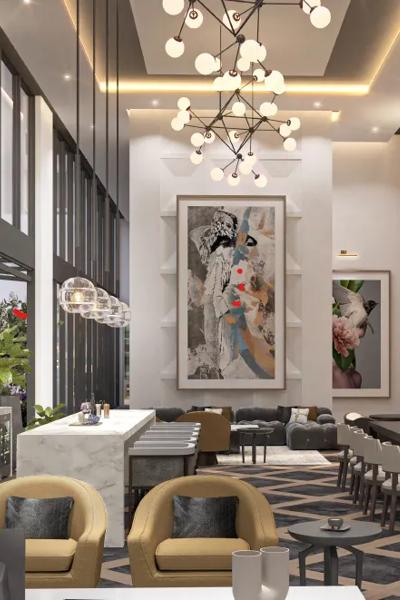 Luxurious modern lounge with high ceilings, stylish artwork, and chic lighting, offering an inviting ambiance for relaxation and socializing.
