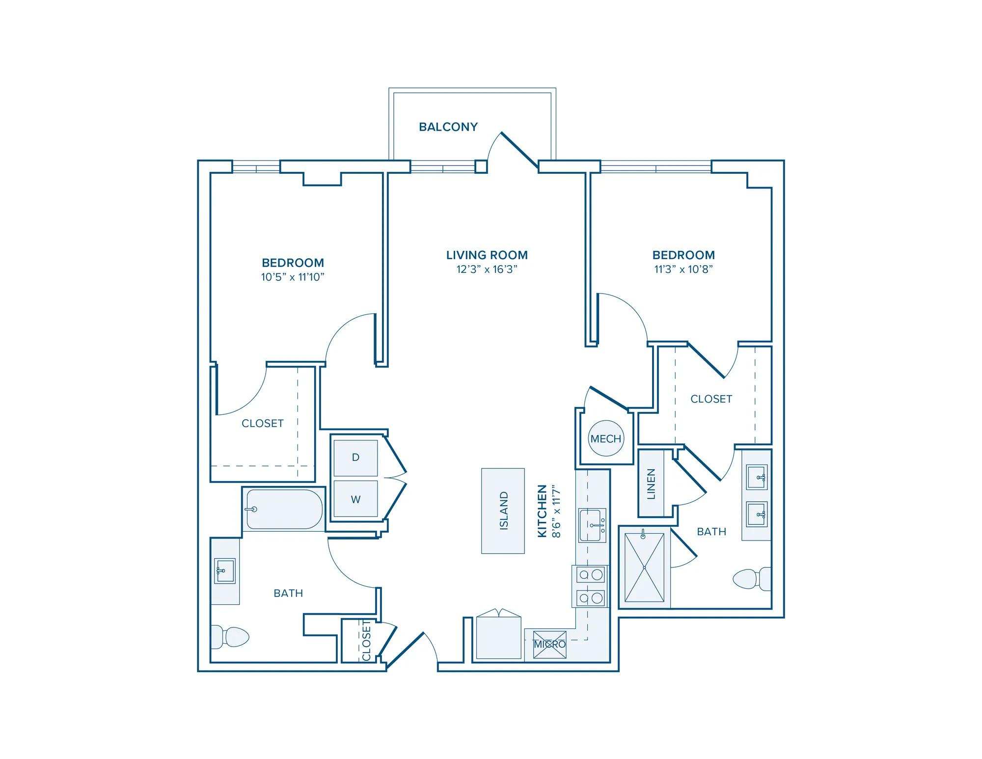 1017-1024 square foot two bed two bath apartment floor plan in D.C.