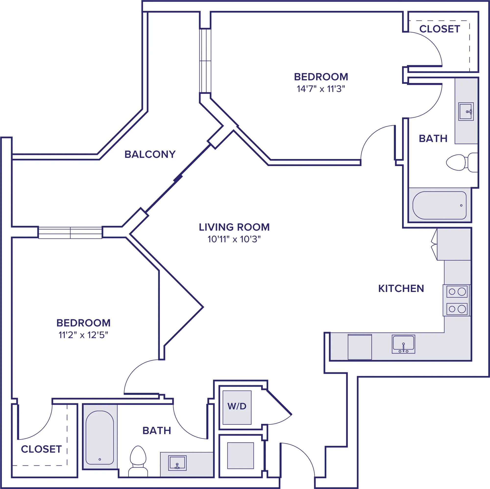 1026 square foot two bedroom two bathroom with den floorplan image