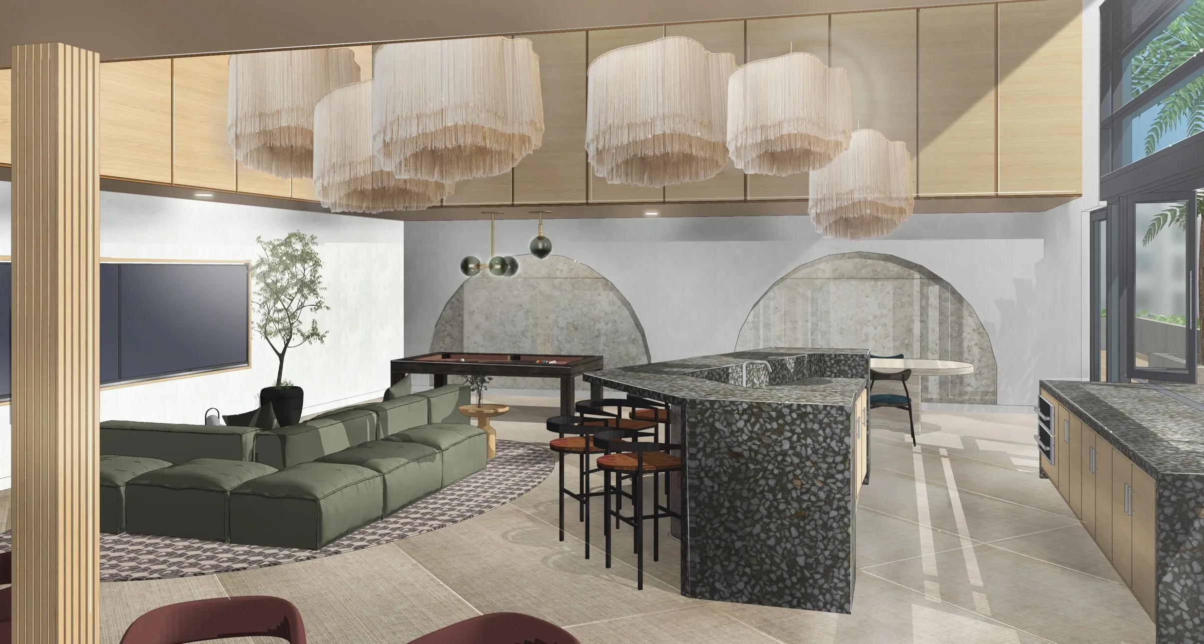 resident community kitchen area with modern finishes and cozy seating modera melrose apartments for rent in oceanside ca