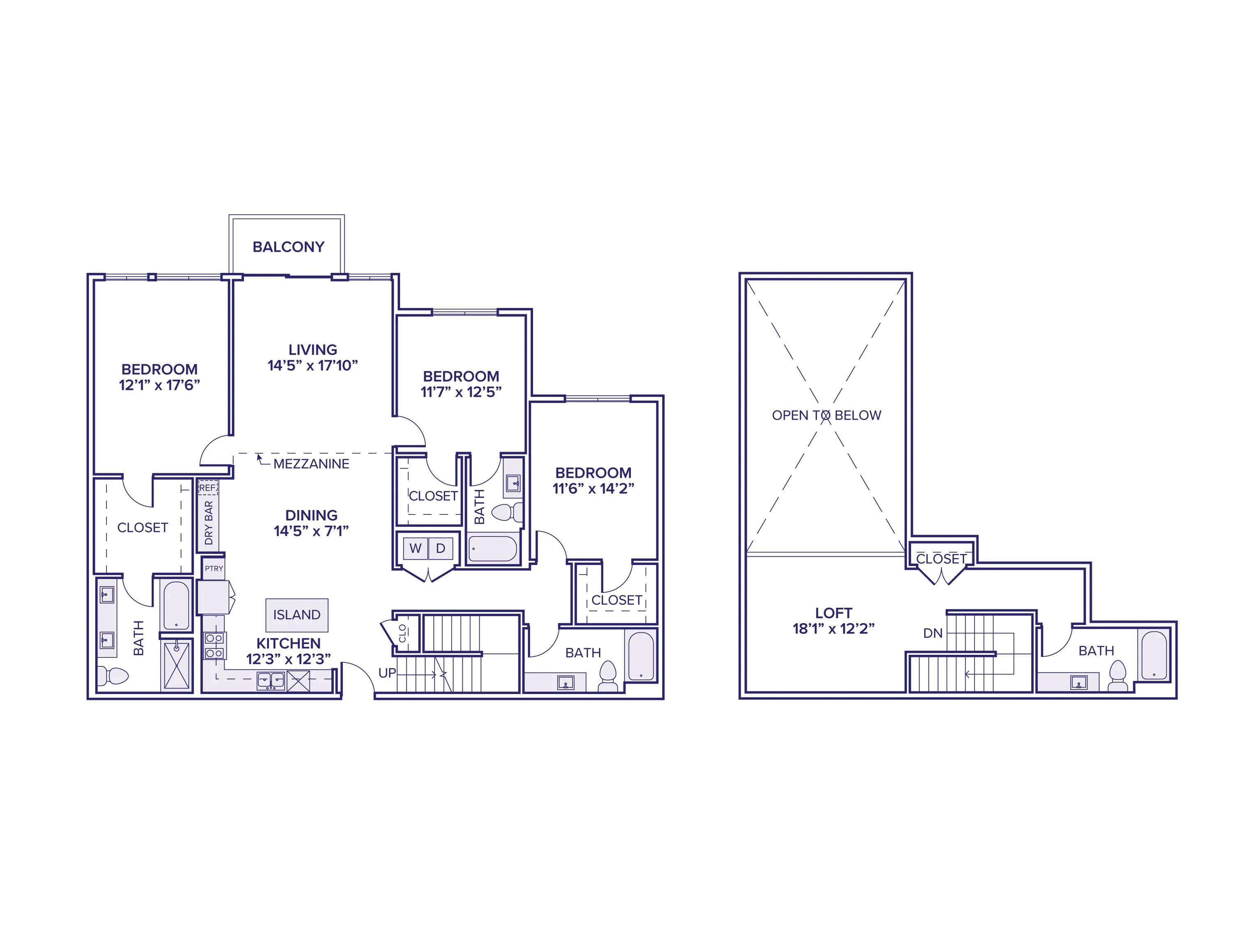 2200 square foot three bedroom three and a half bath apartment floor plan in Scottsdale, AZ