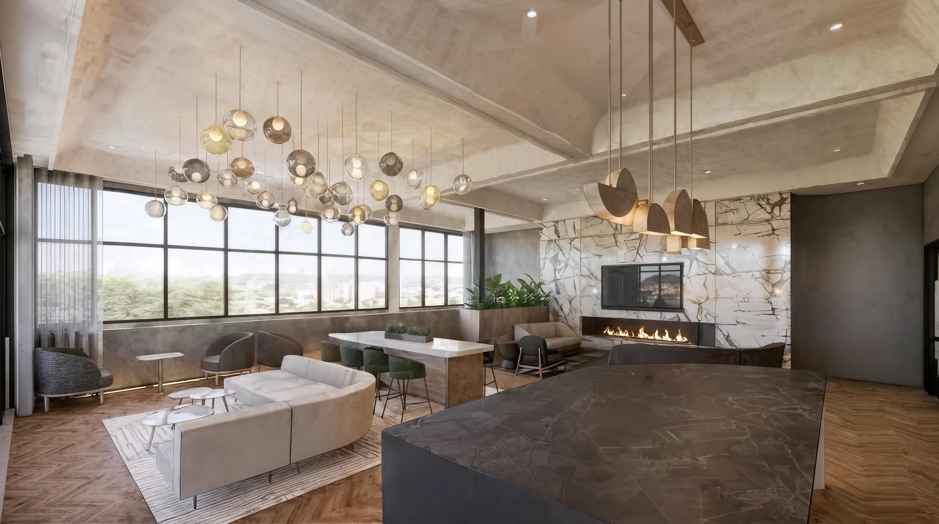 Expansive clubroom with coffee bar, gathering space, catering kitchen, and outdoor patio modera second avenue denver apartments