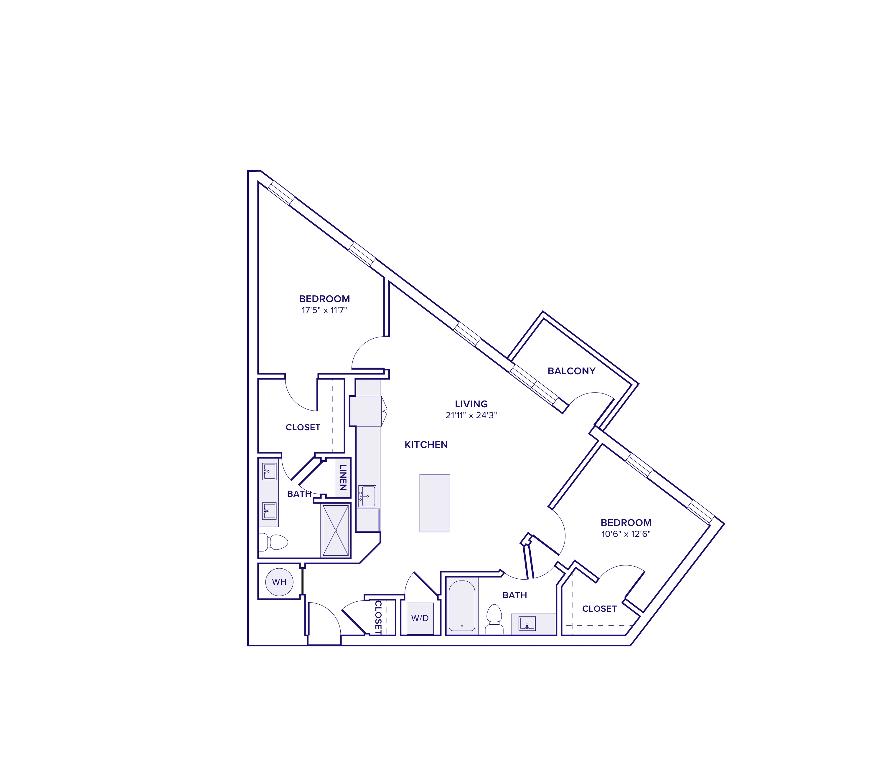 1082 square foot two bed two bath apartment floor plan in Atlanta, GA