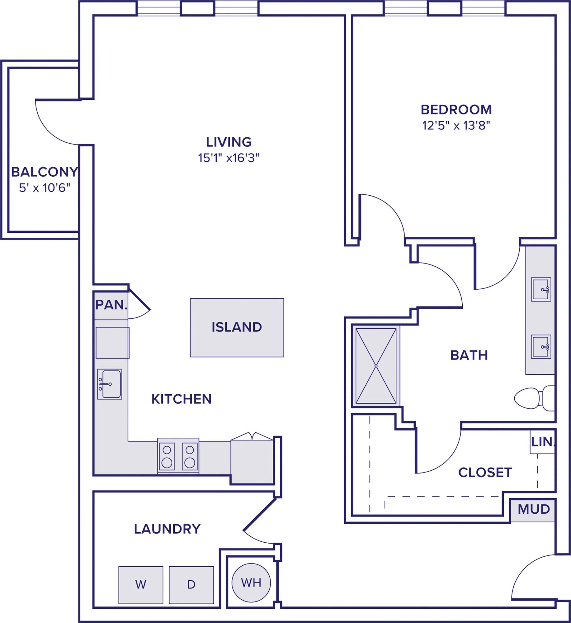1055 square foot one bed one bath apartment floor plan in McKinney, TX