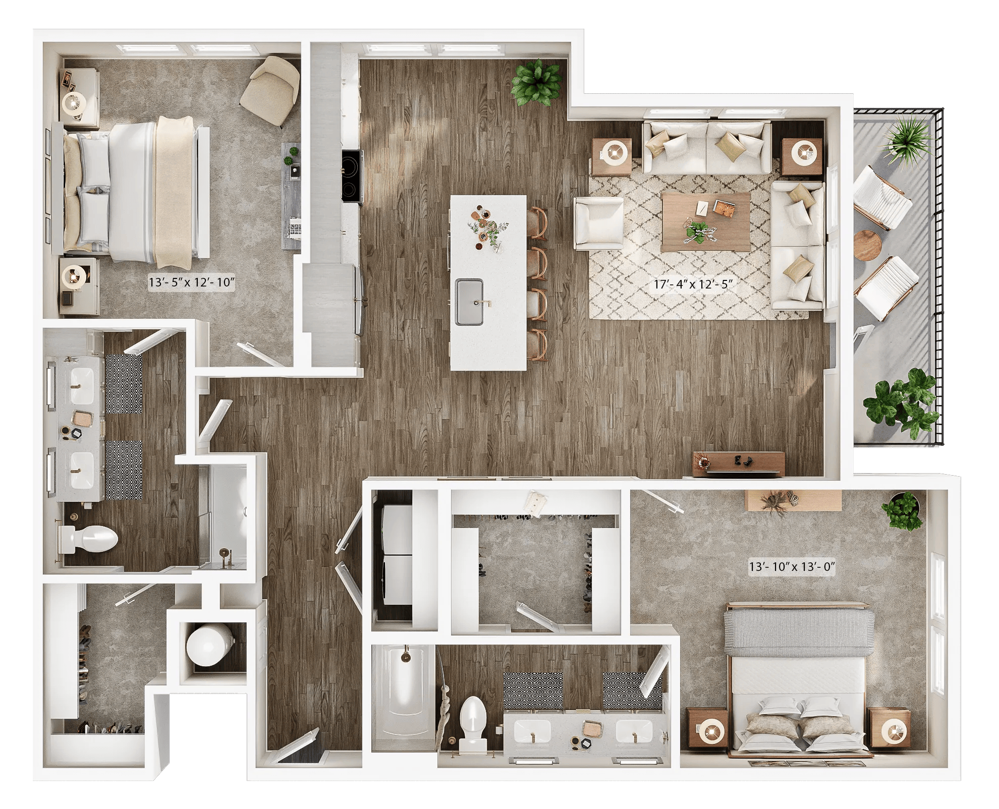 1333 square foot two bed two bath apartment floor plan image