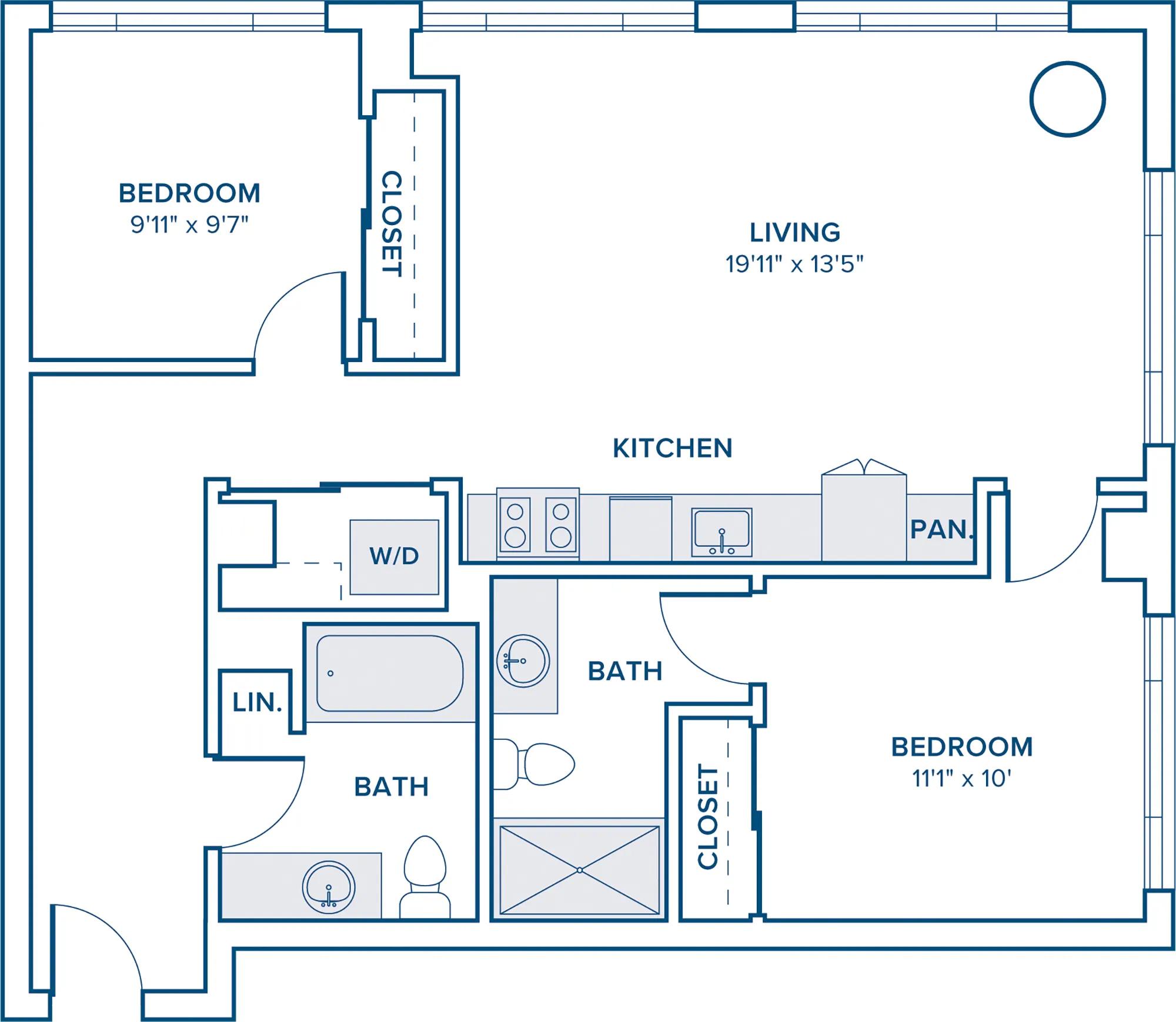 945 square foot two bedroom two bathroom floorplan image