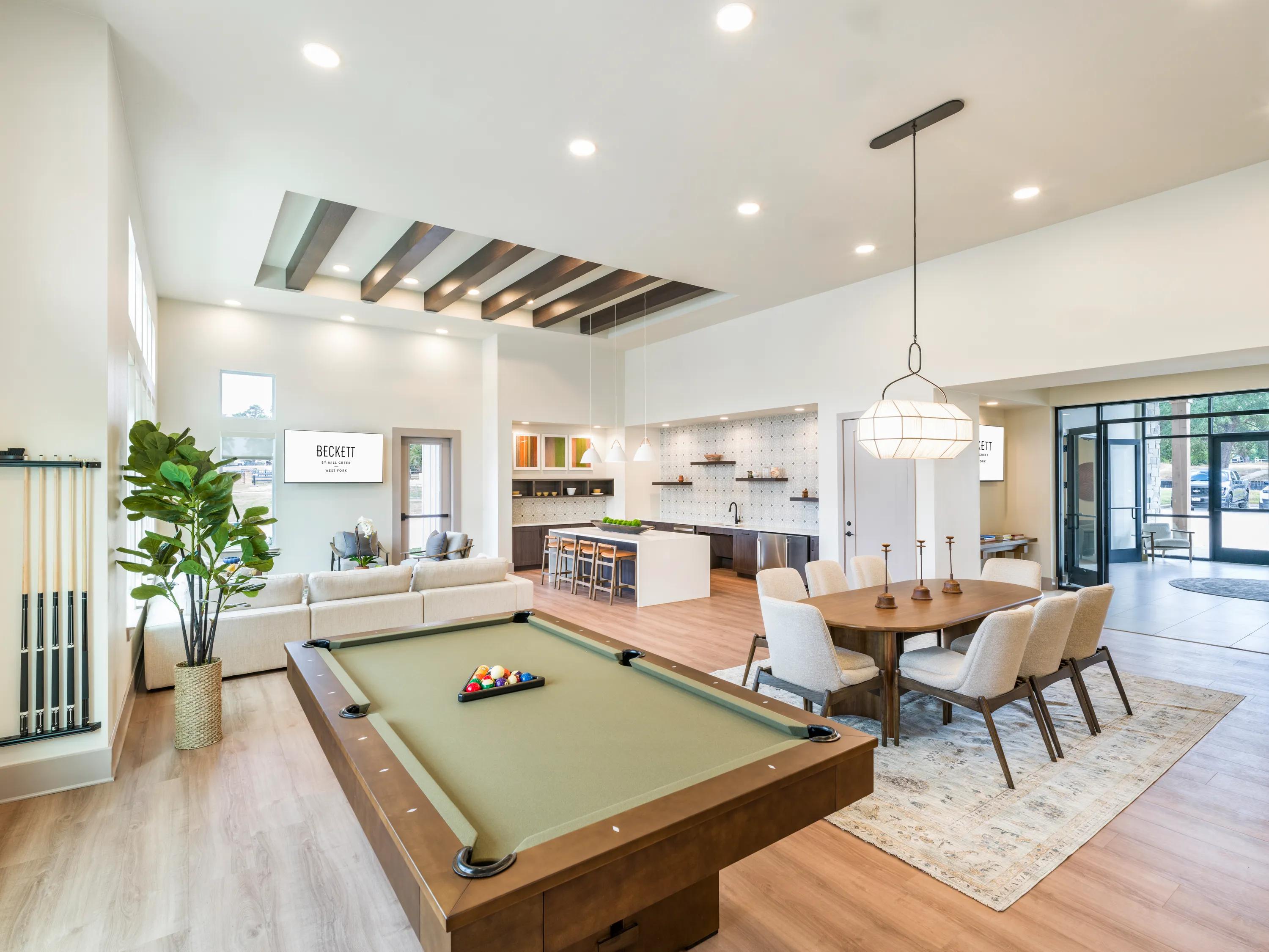 pool table in clubhouse with demo kitchen beckett west fork apartment homes for rent in conroe tx