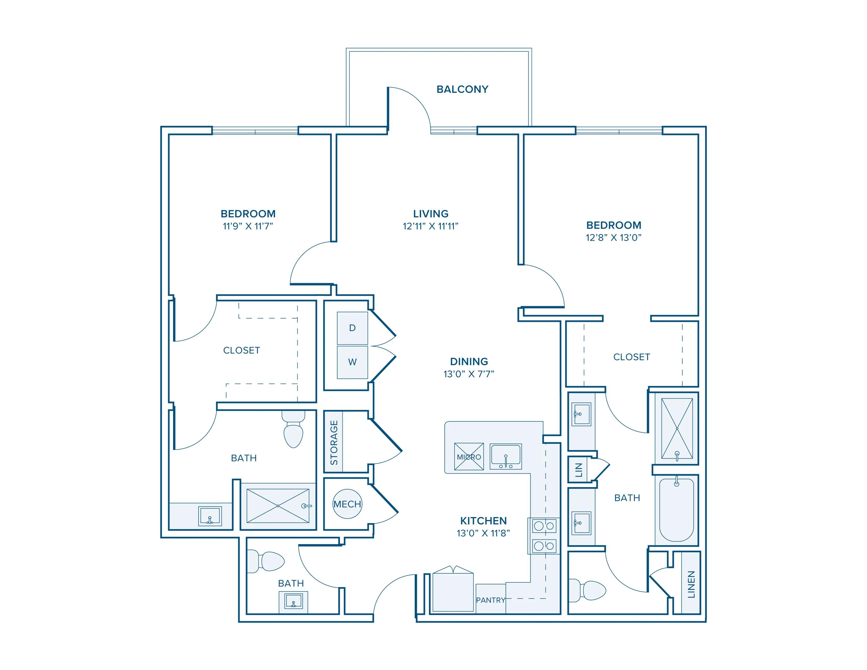 1247 square foot two bedroom two bath apartment floorplan in Charlotte, NC