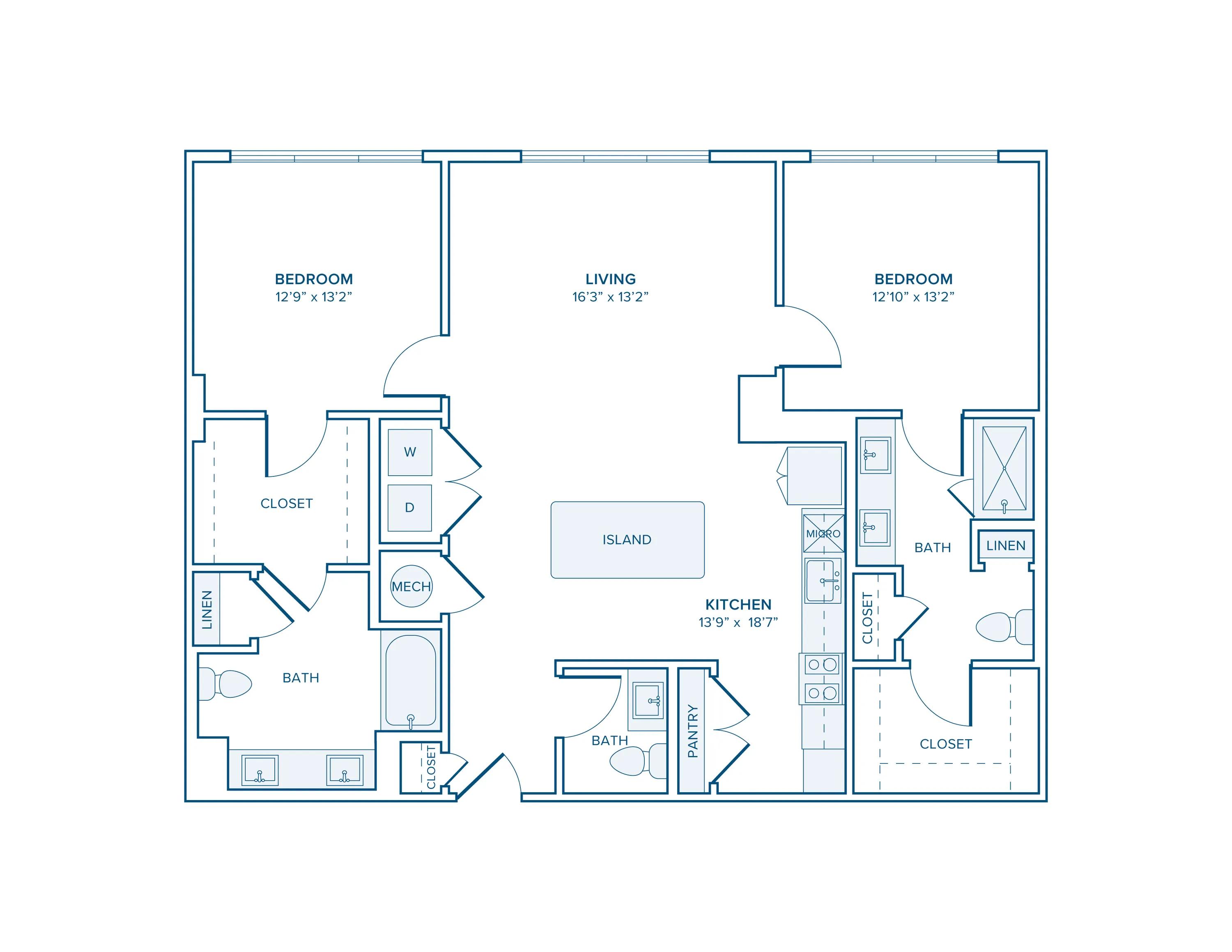 1300 square foot two bedroom two bath apartment floorplan in Charlotte, NC