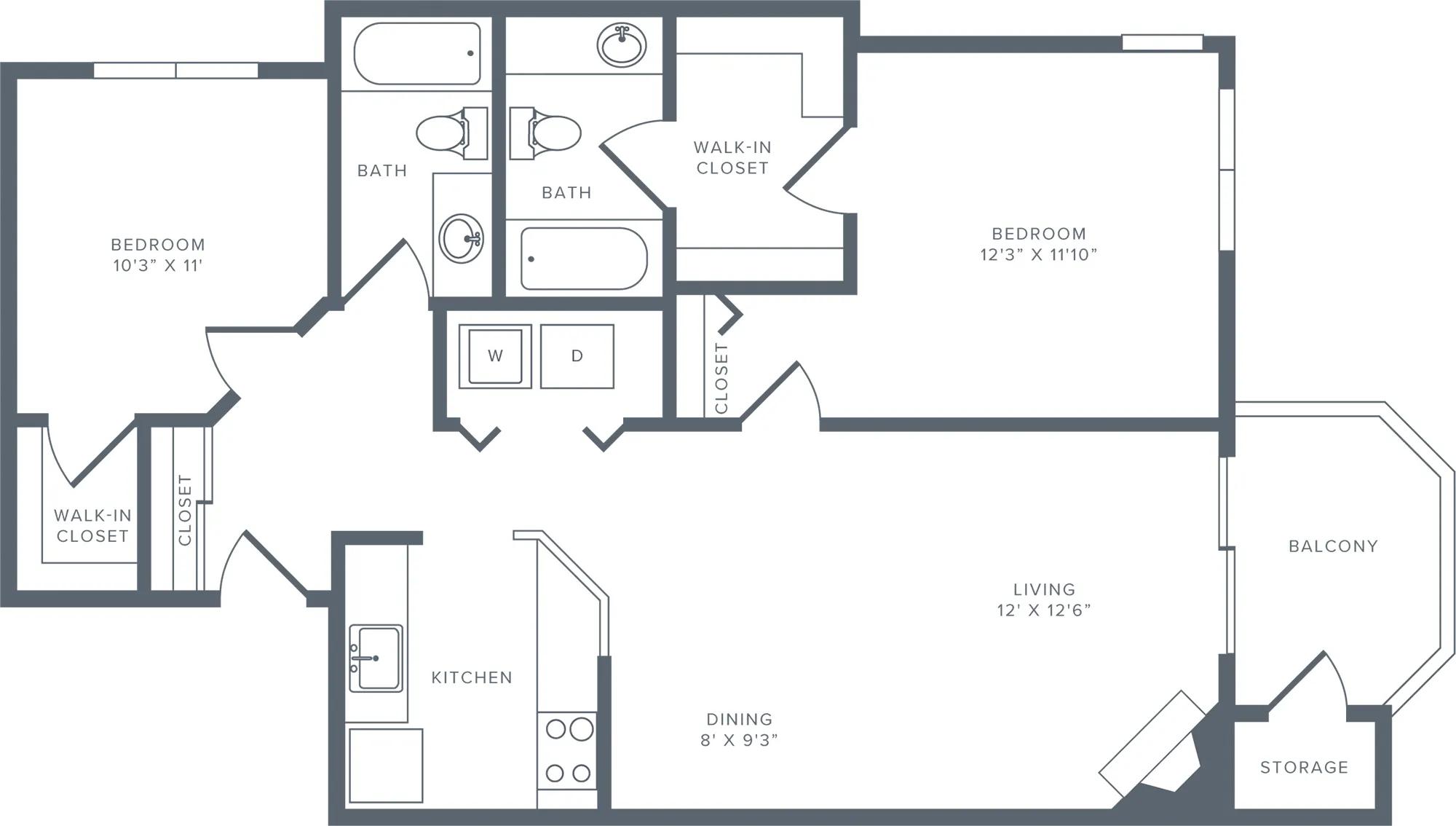 946 square foot two bedroom two bath apartment floorplan image