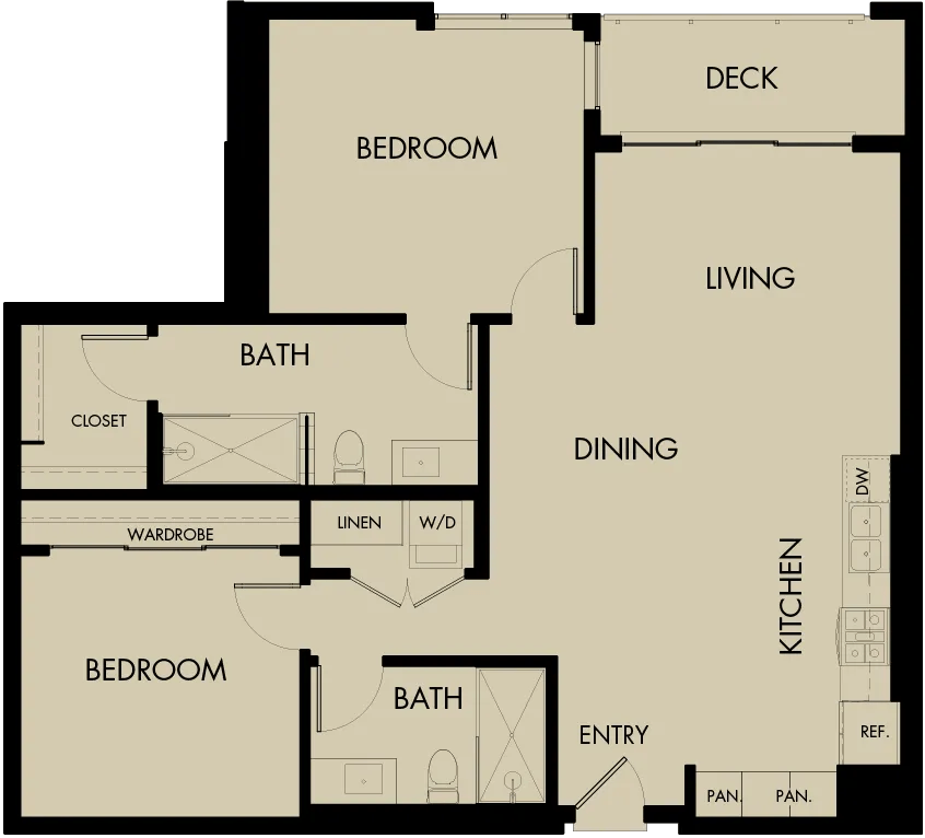 1168 square foot two bed two bath apartment floor plan image