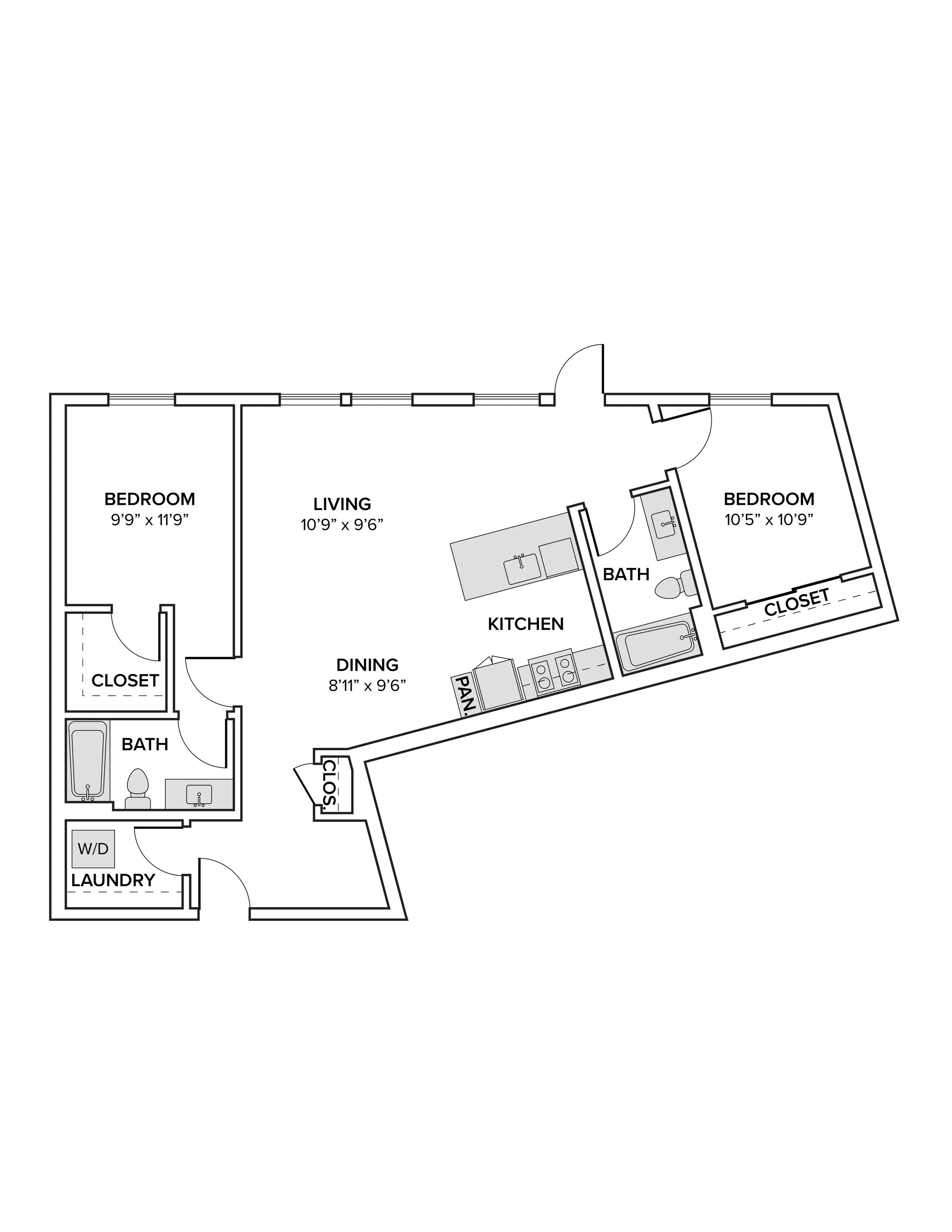 1113 square foot two bedroom two bath apartment floor plan image
