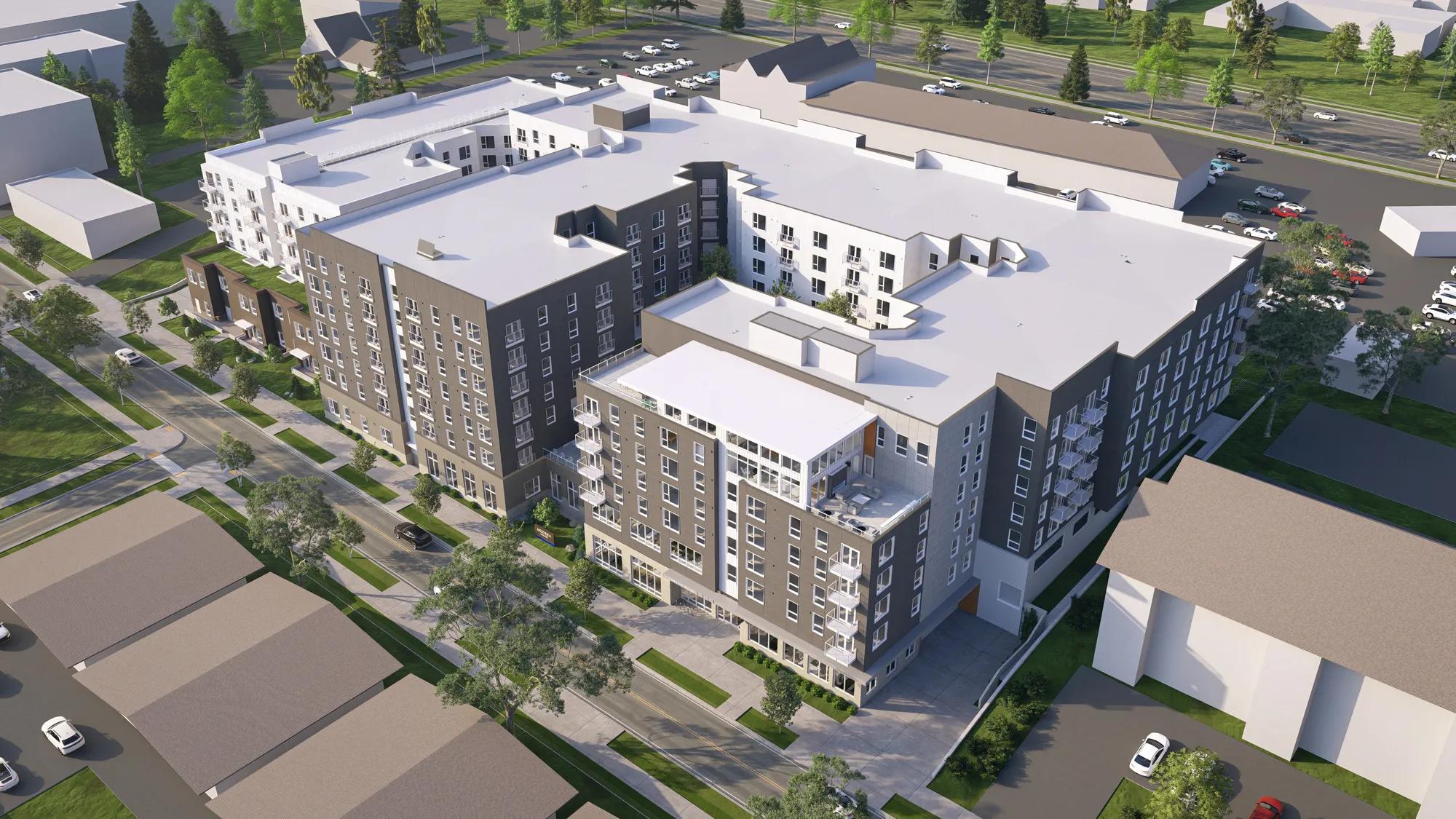 exterior aerial view of apartment building modera shoreline apartment homes for rent in wa