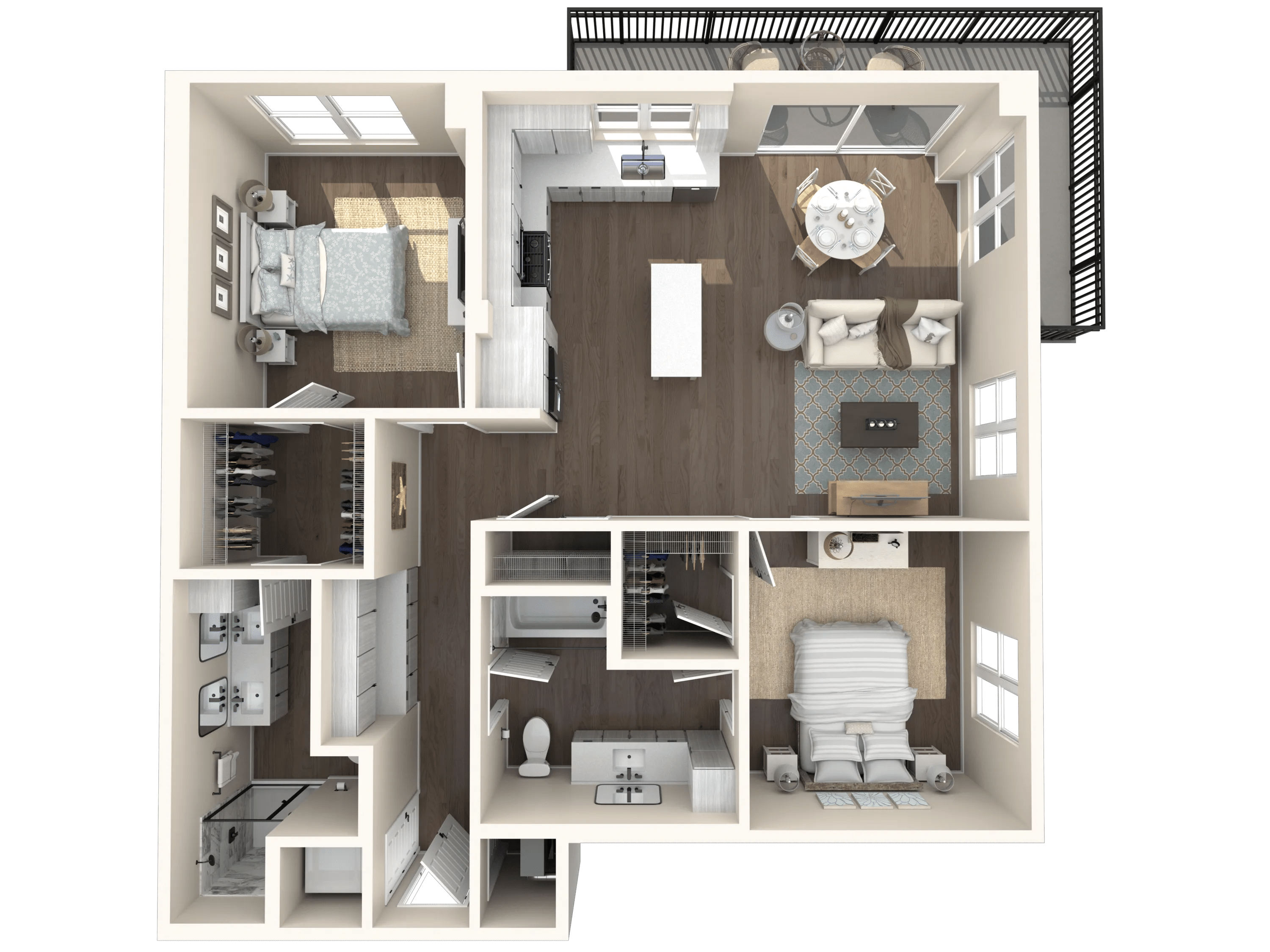 1167 square foot two bedroom two bath apartment floor plan image
