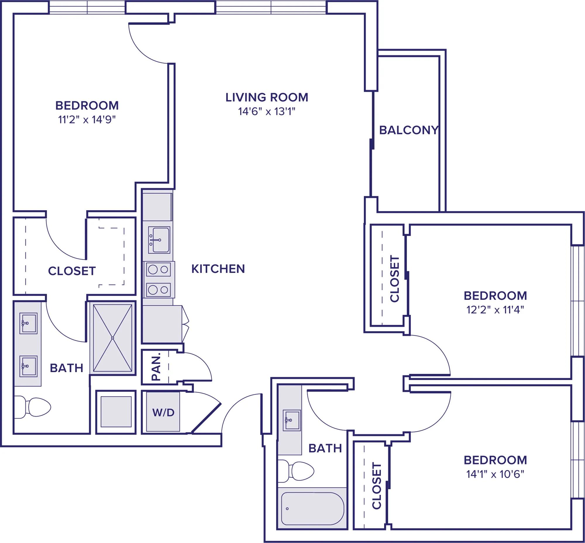 1325 square foot three bedroom two bathroom floorplan image