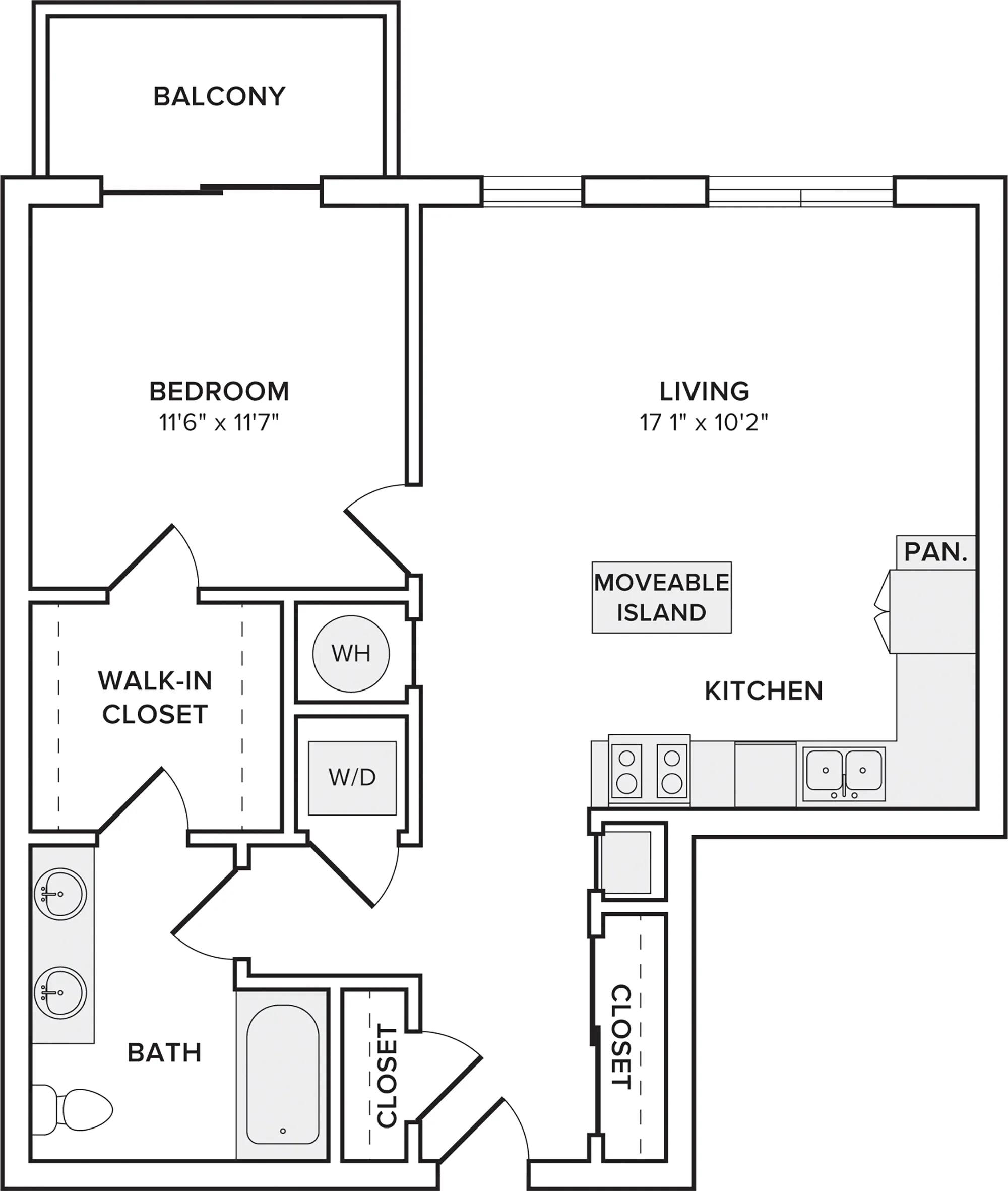 856 square foot one bedroom one bath apartment floorplan image