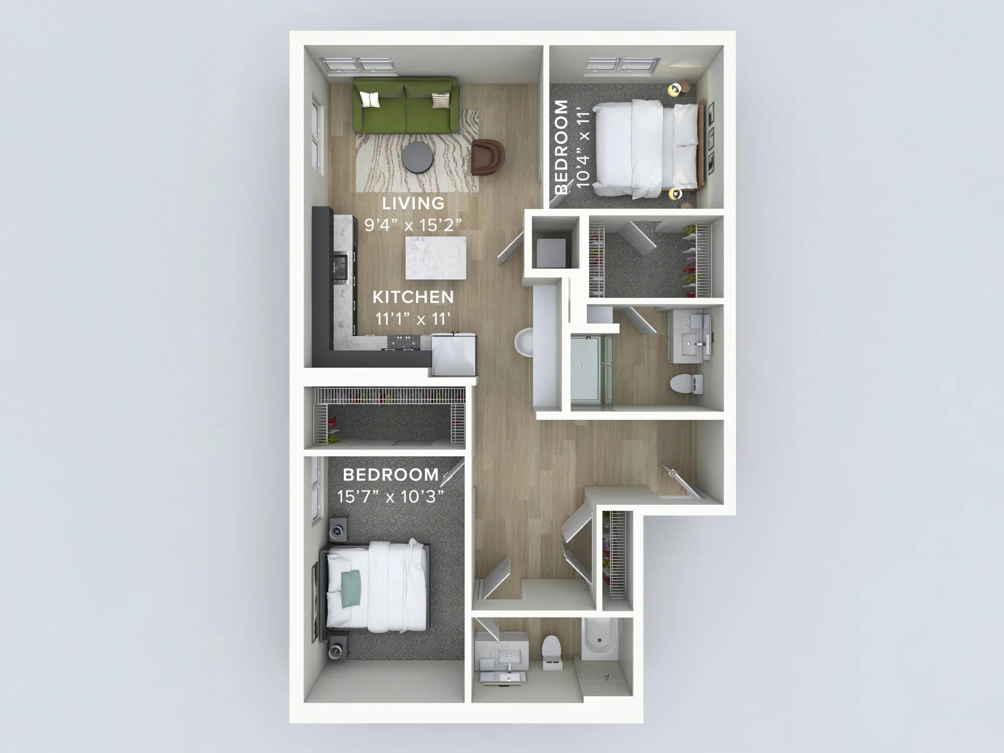 1136 square foot two bedroom two bath apartment floorplan image in Denver, CO