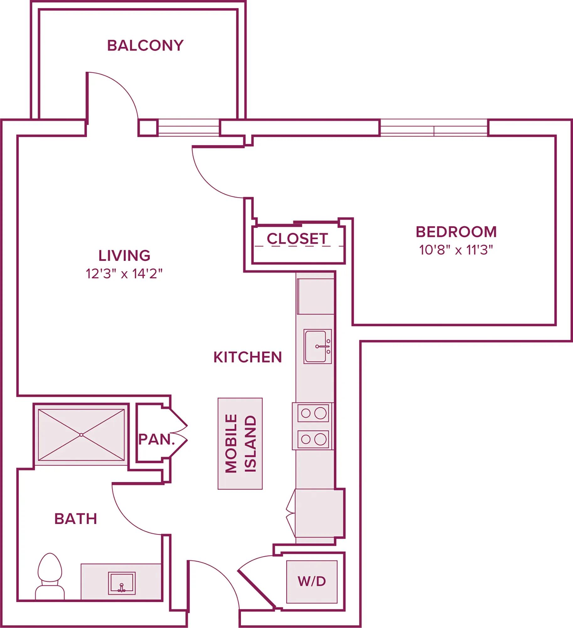 586 square foot one bed one bath floor plan in Argyle, CA