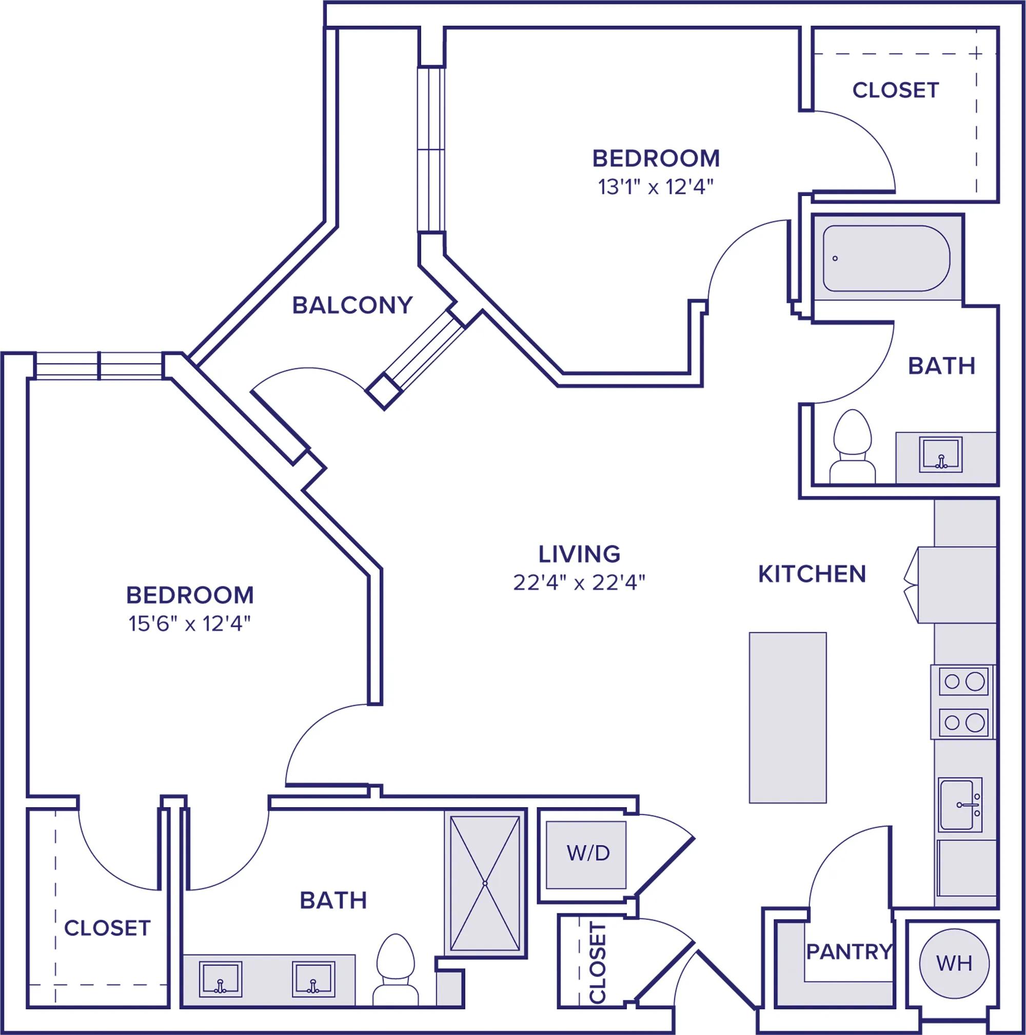 1079 square foot two bed two bath apartment floor plan in Atlanta, GA