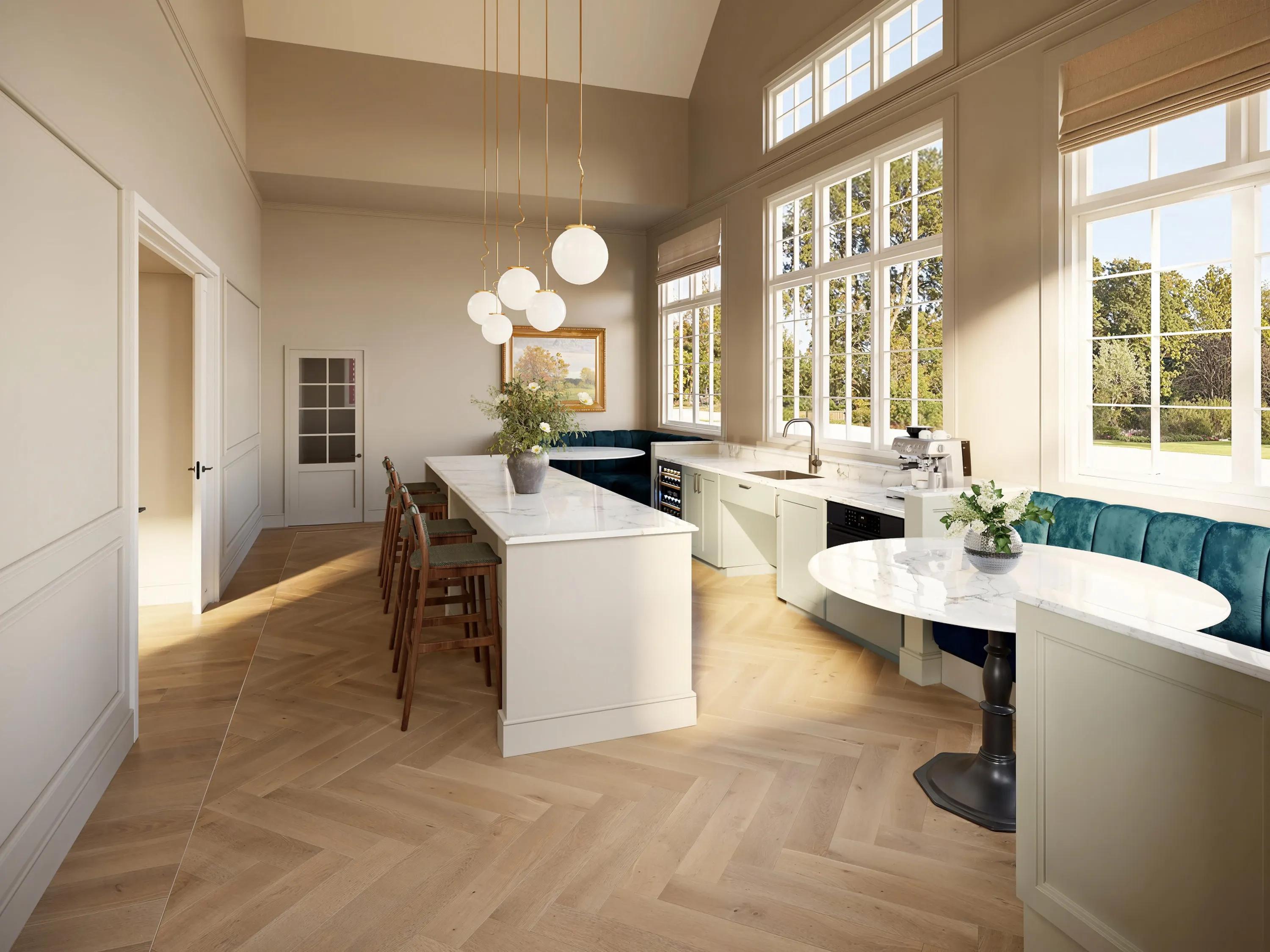 modera weston apartments in weston ma community clubhouse and kitchen area
