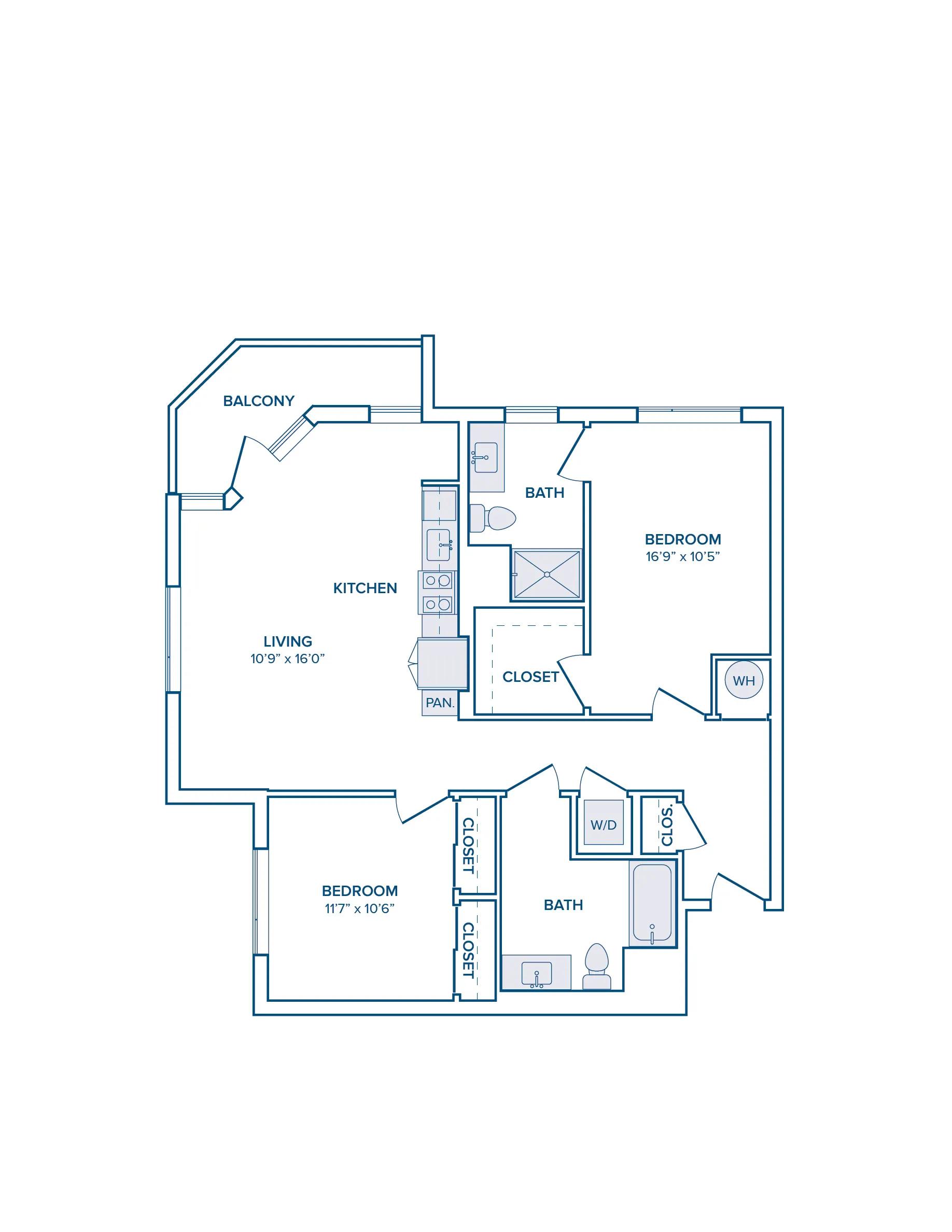 1092 square foot two bed two bath floor plan image