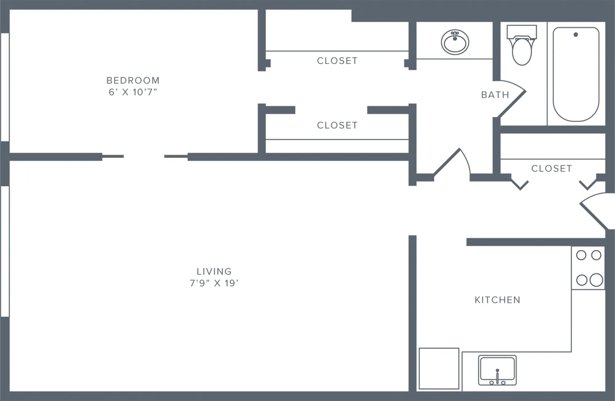 550 square foot renovated one bedroom one bath studio apartment floorplan image