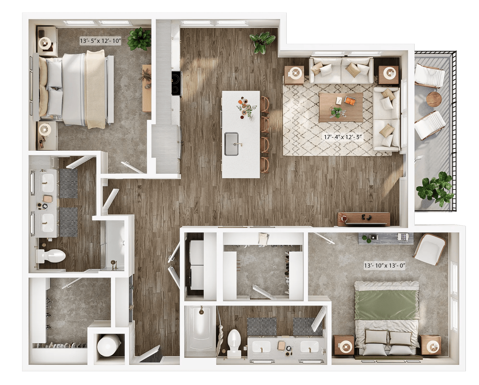 1349 square foot two bed two bath apartment floor plan image