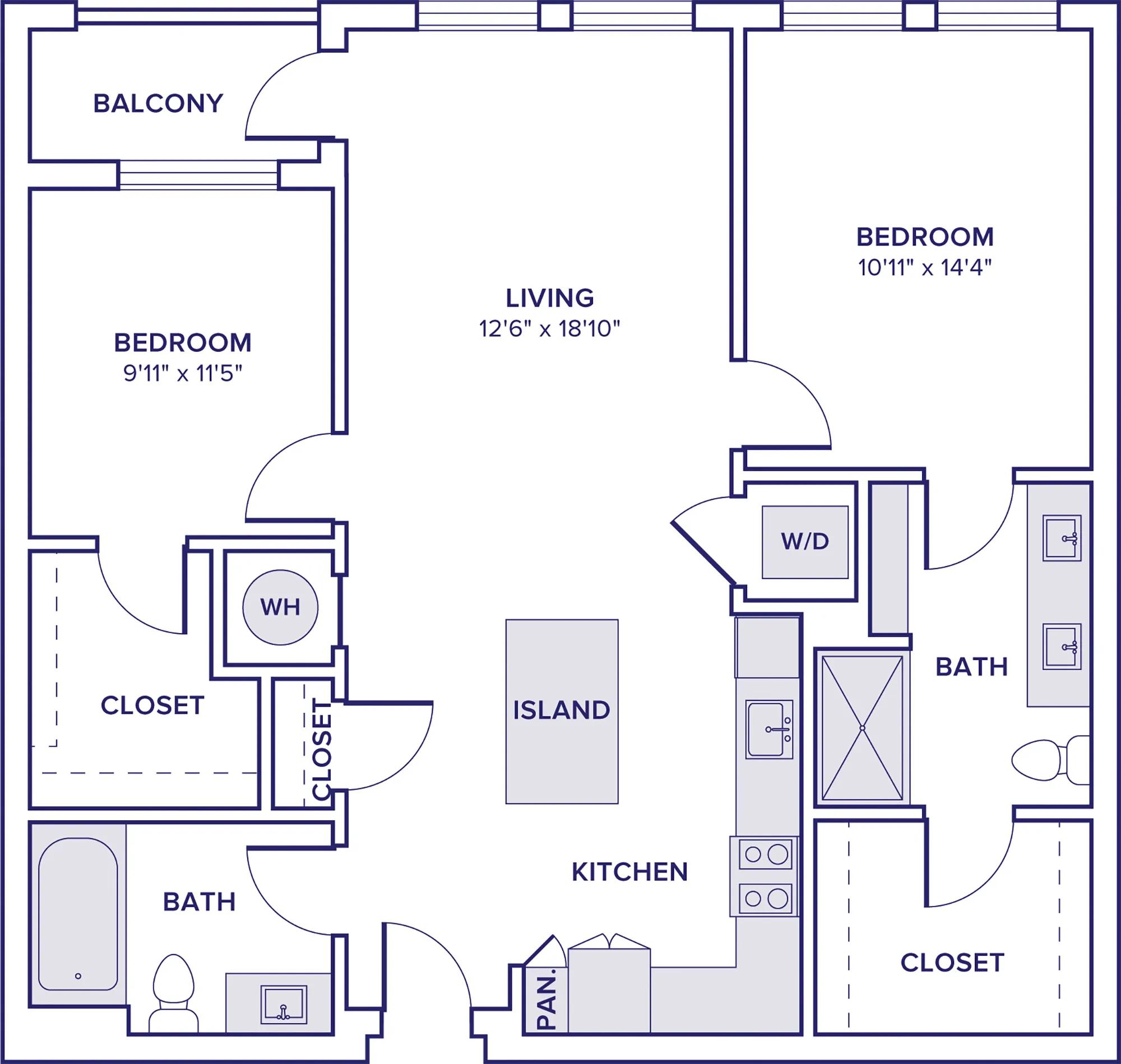 1117 square foot two bedroom two bath apartment floor plan image