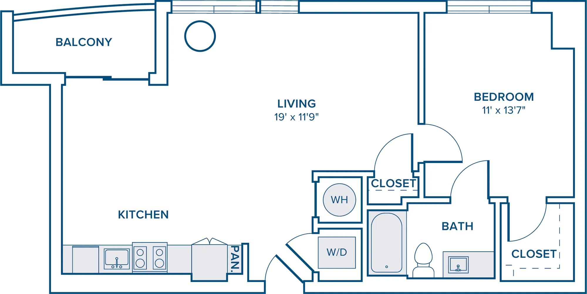 768 square foot one bedroom one bath apartment floorplan image