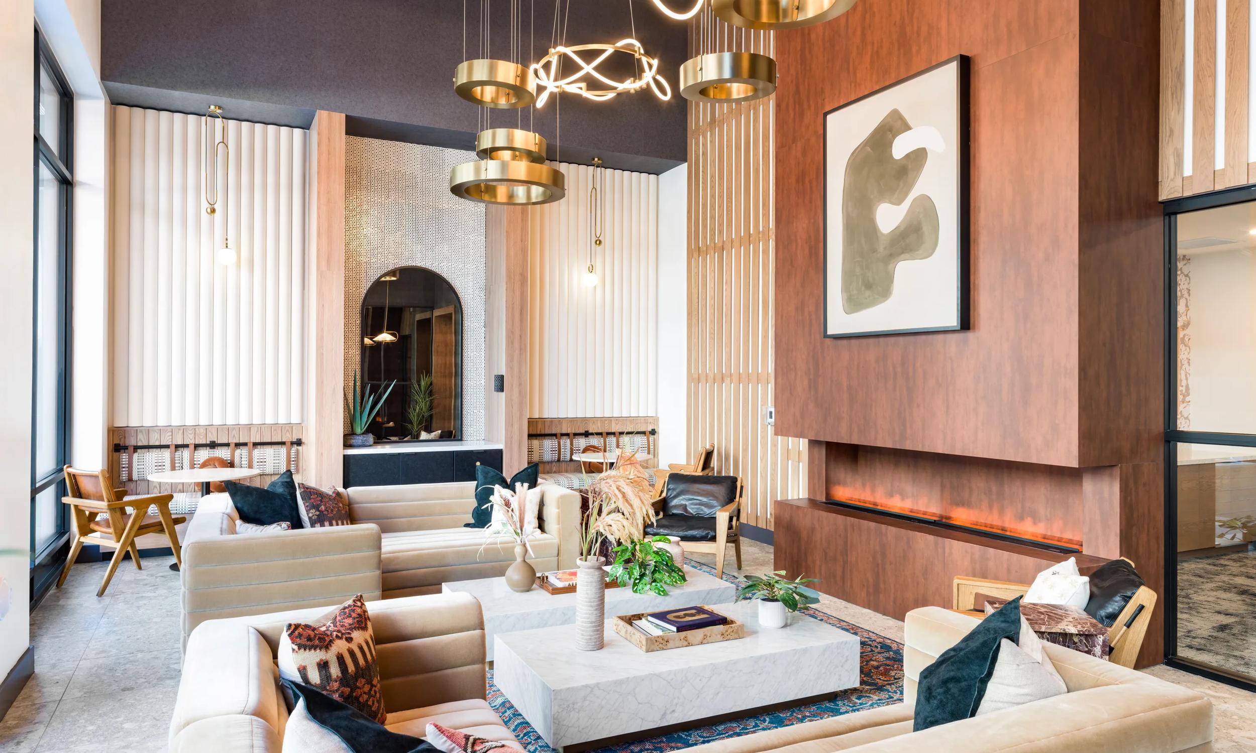 community lounge and fireplace modera higley commons apartments in gilbert az