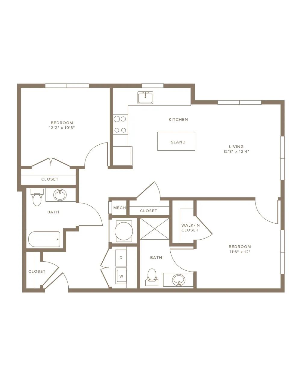 1000 square foot two bedroom two bath apartment floorplan image