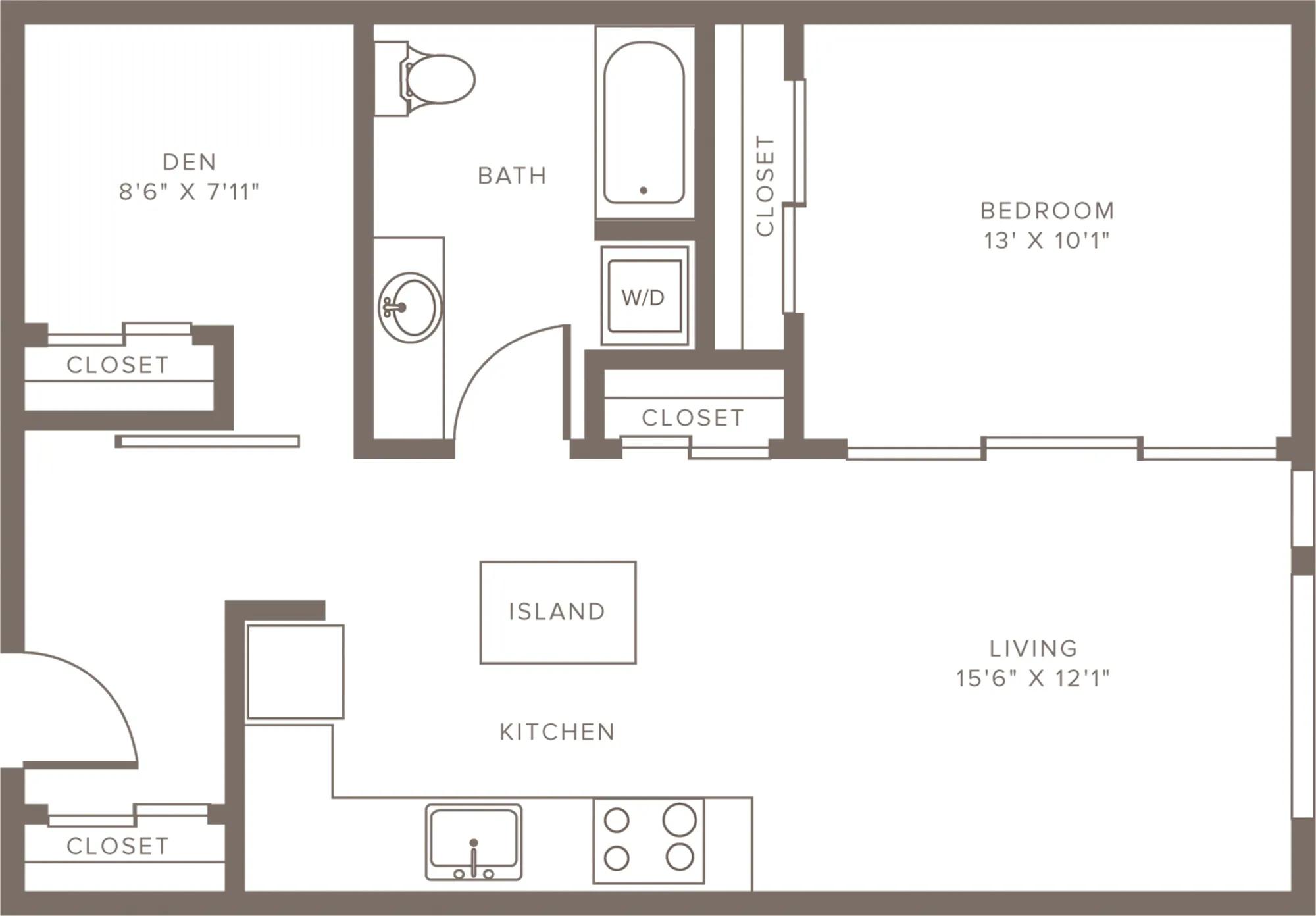 823 square foot one bedroom one bath with study apartment floorplan image