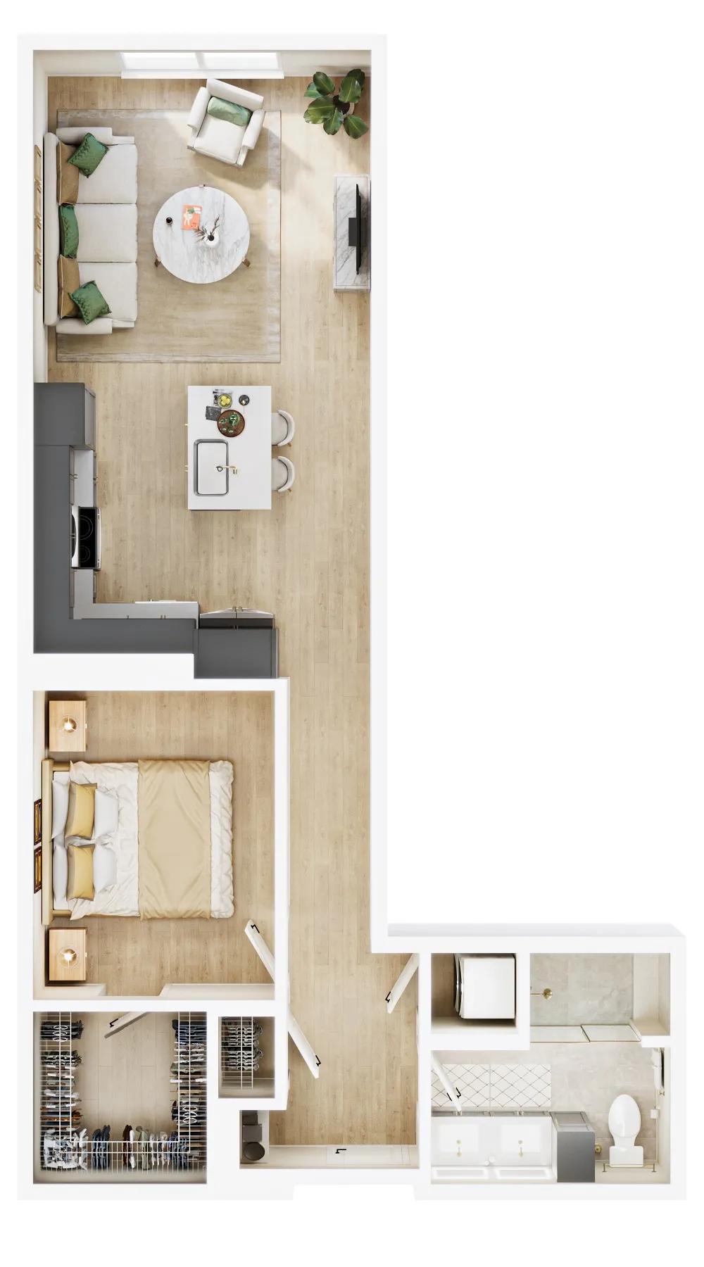 740 square foot one bed one bath apartment floor plan in Denver, CO