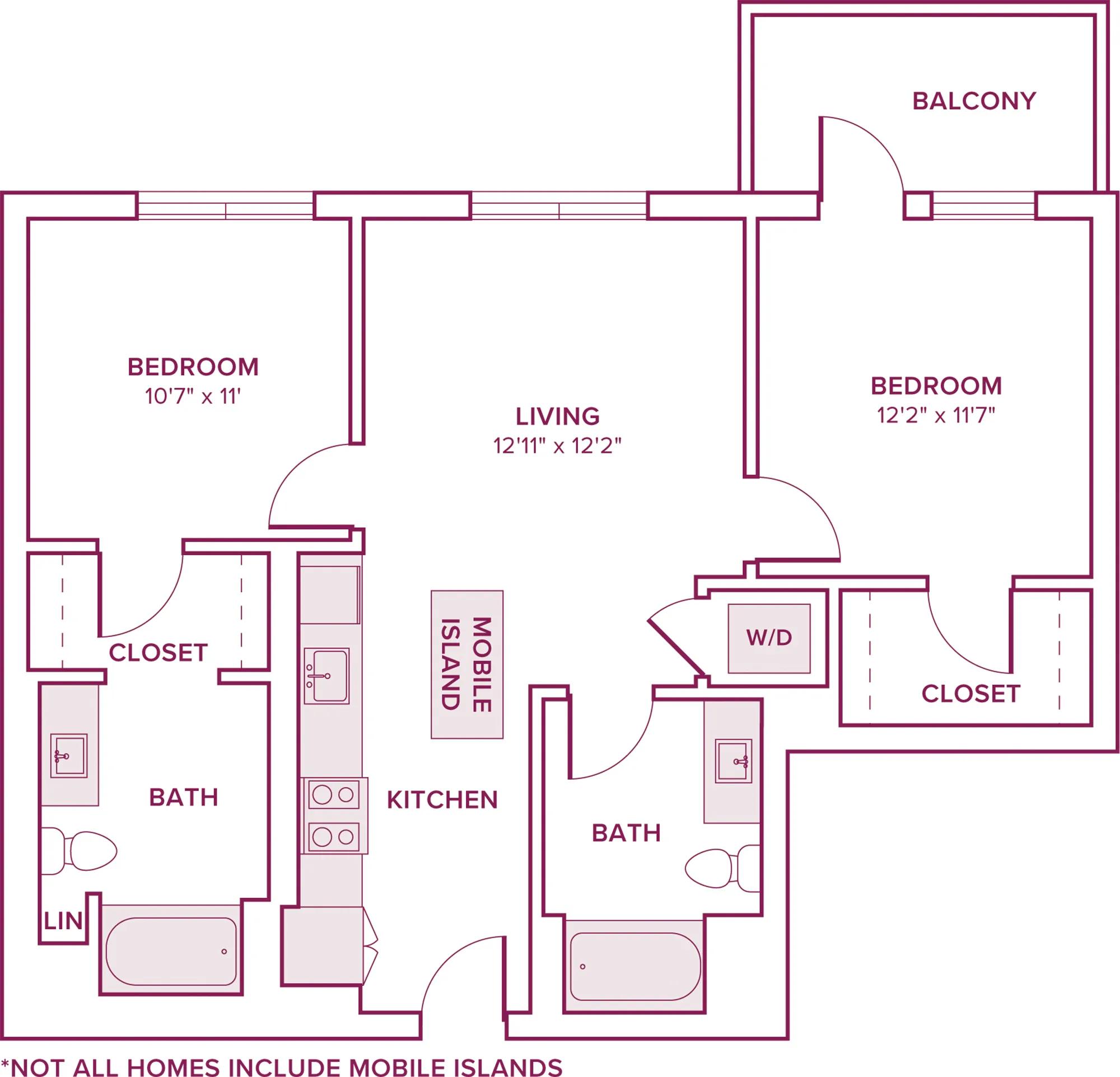 836 square foot two bed two bath floor plan in Argyle, CA