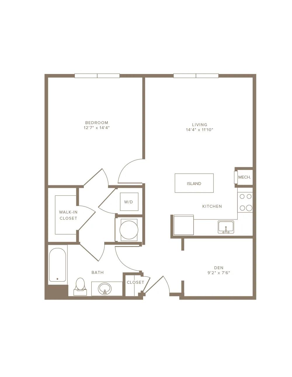 850 square foot one bedroom one bath with den apartment floorplan image