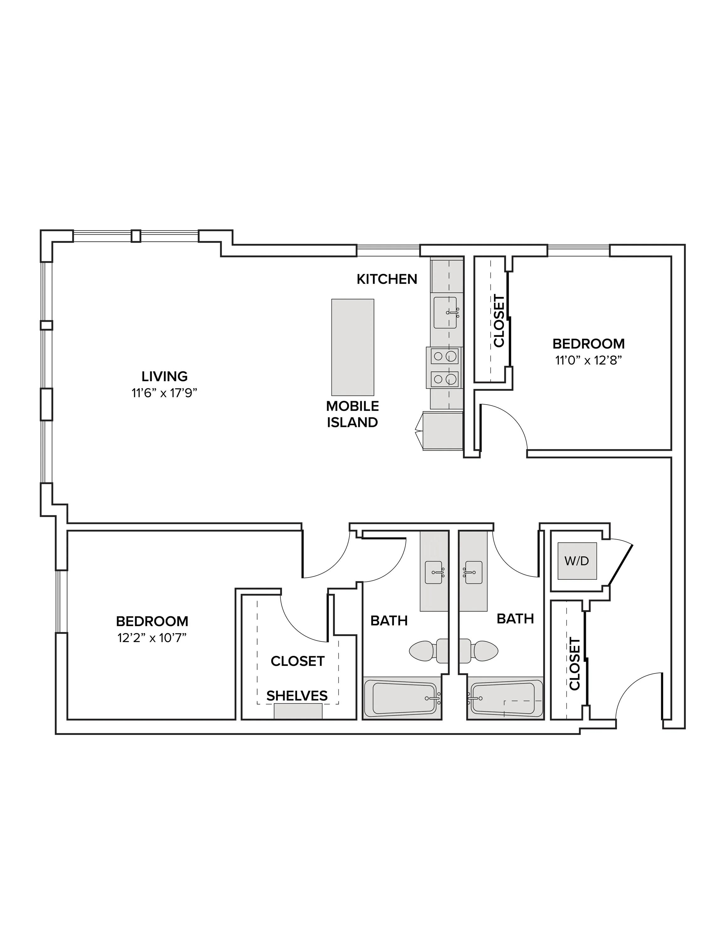 1223 square foot two bedroom two bath apartment floor plan image