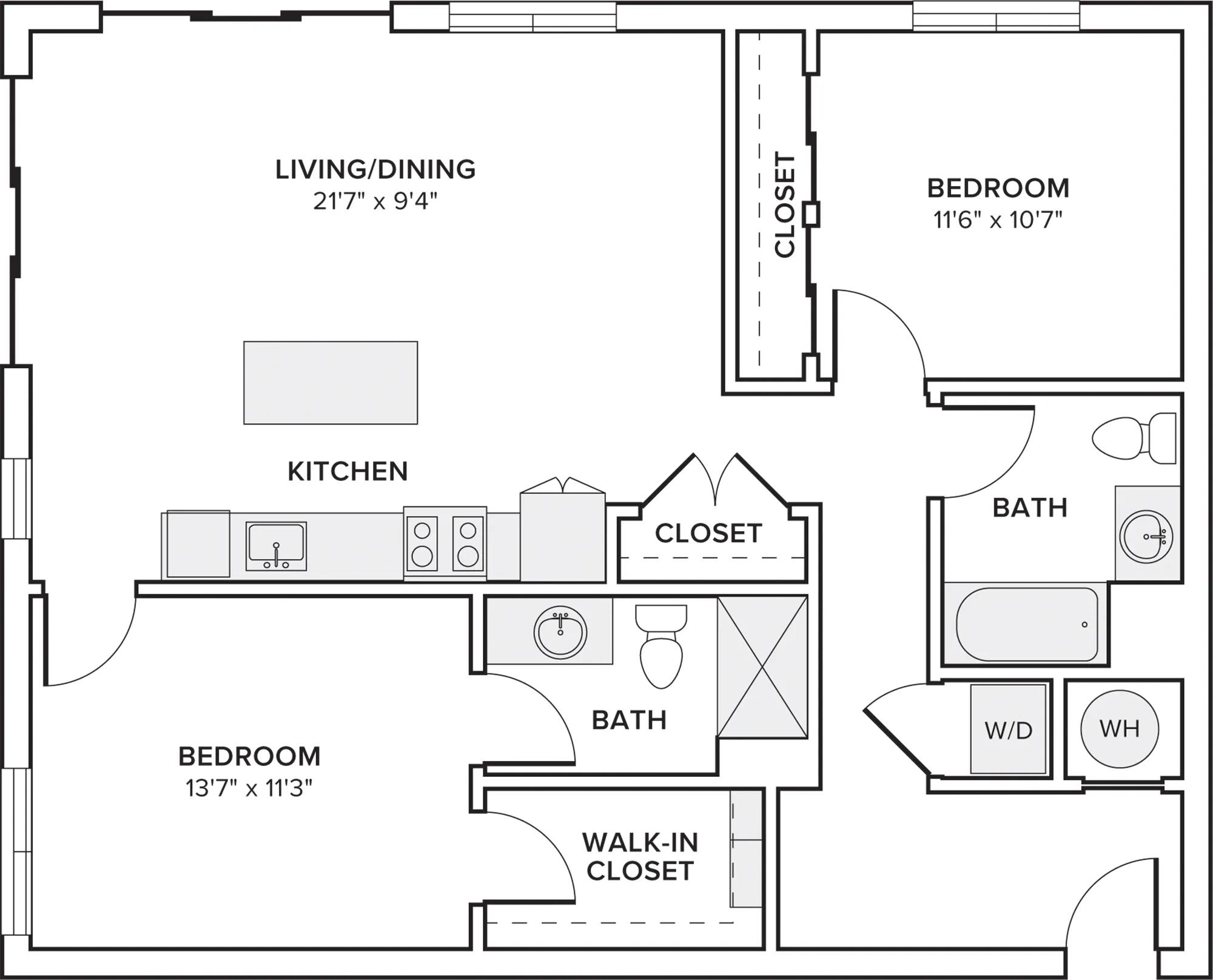 1087 square foot two bedrooms two baths apartment floor plan image in Woodbridge, NJ