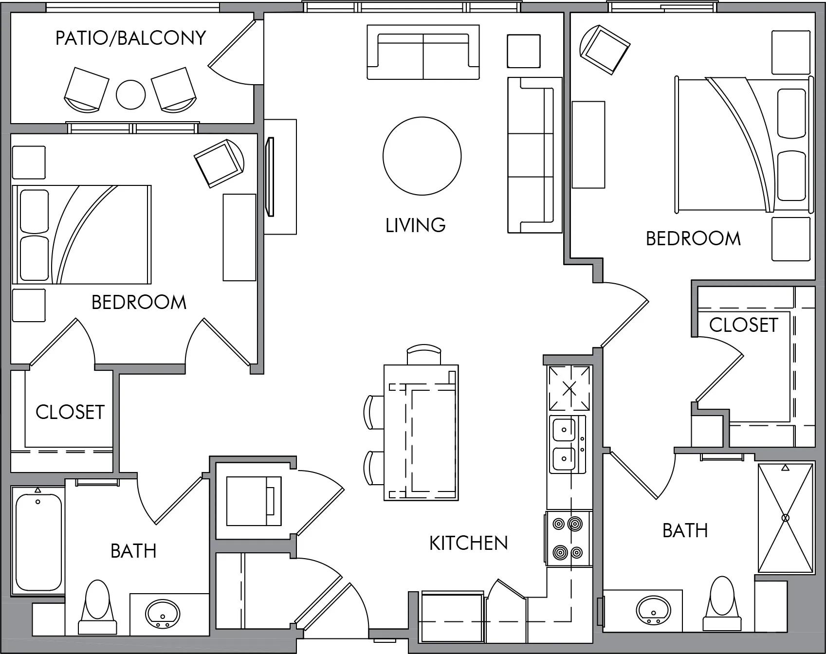 1136 square foot two bed two bath apartment floor plan image