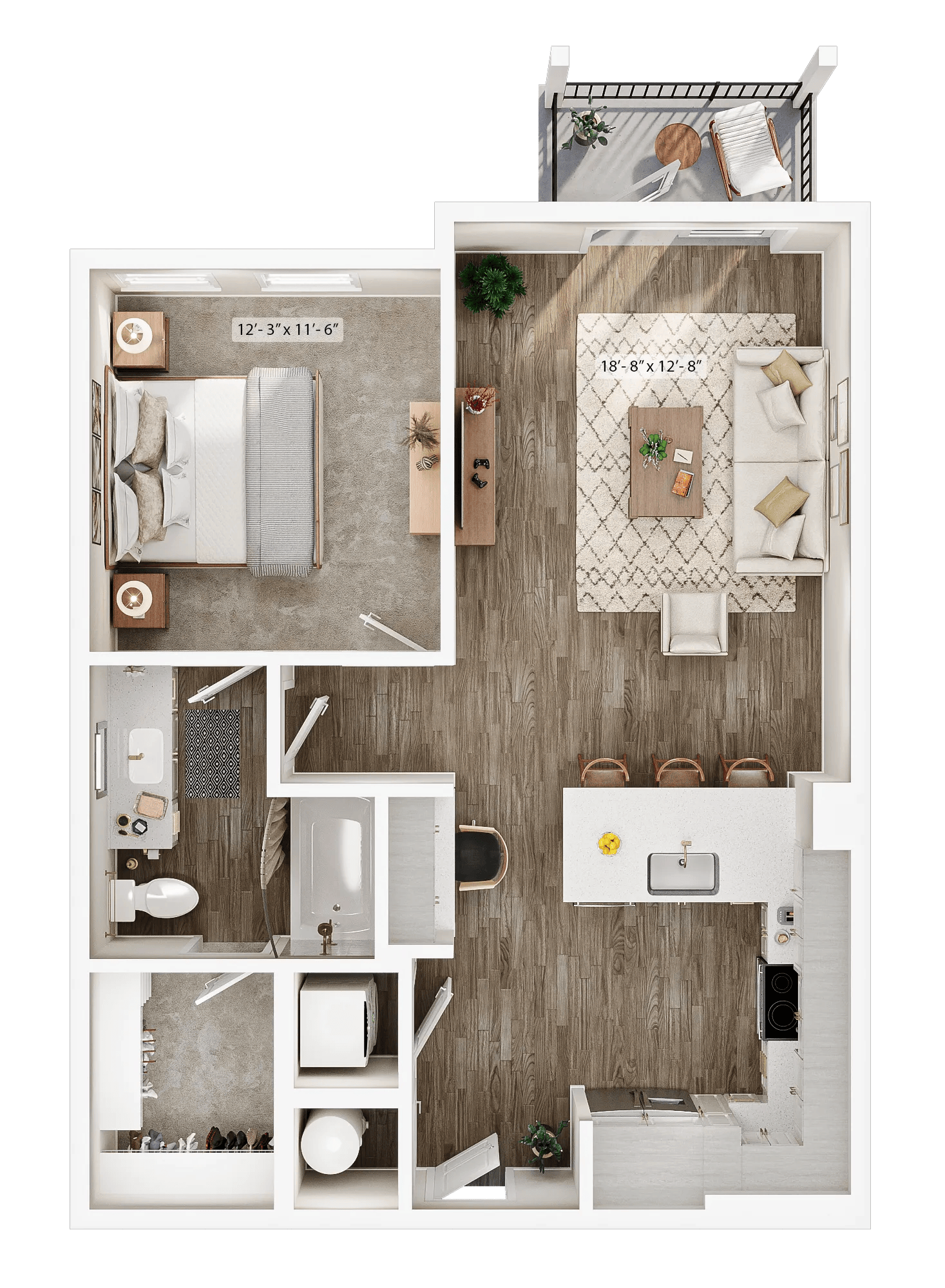 737 square foot one bed one bath apartment floor plan image