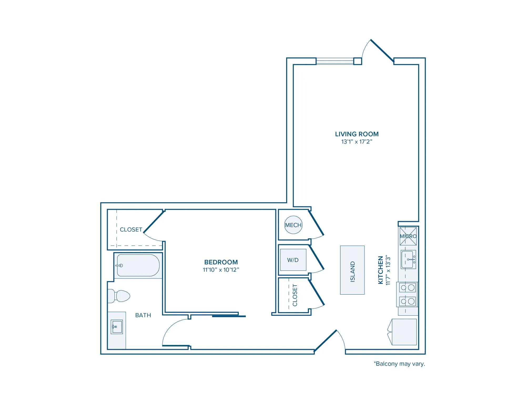 713-719 square foot one bed one bath apartment floor plan in D.C.