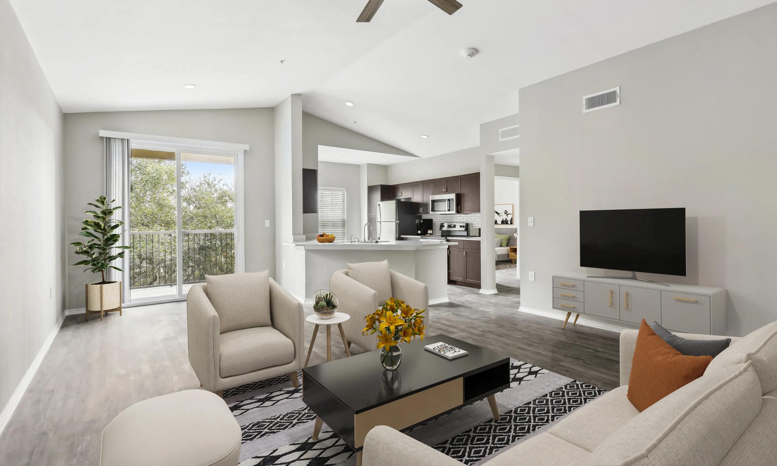 alister sunset valley interior living area and kitchen apartments in austin tx