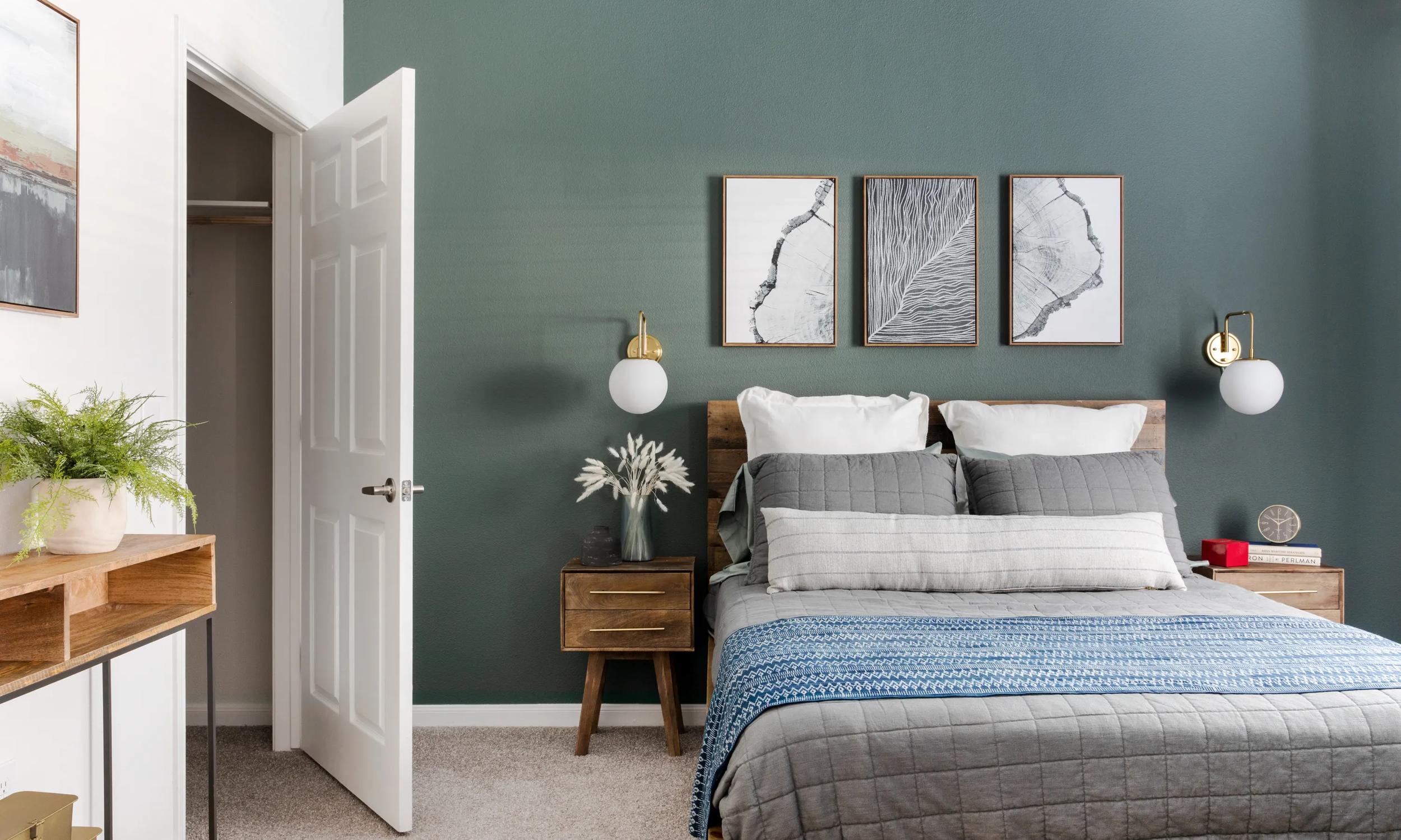 alister oak hill apartments in austin tx interior home bedroom with green accent wall