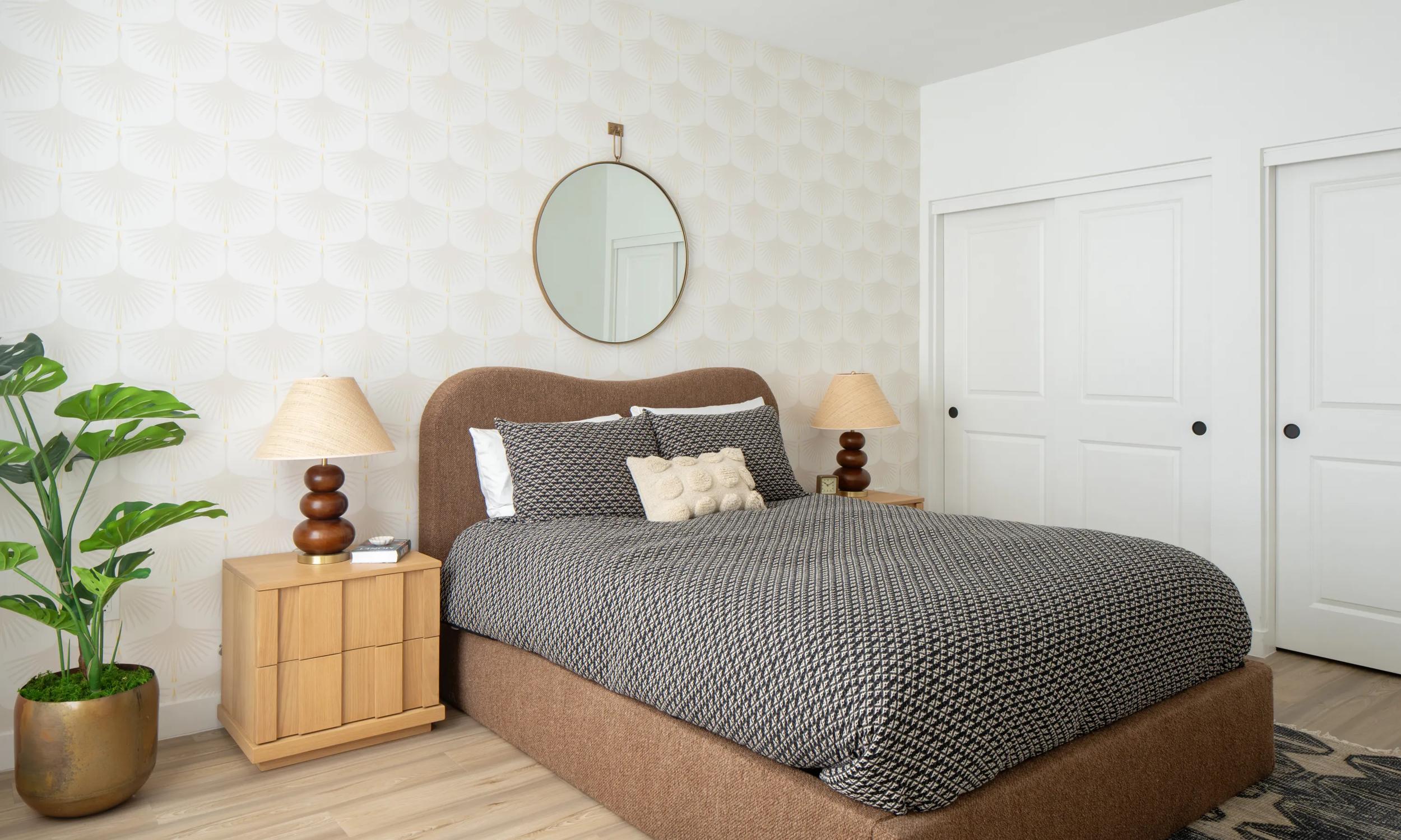 warm toned bedroom with fun wallpaper and large closets modera rio salado apartment homes for rent in tempe az