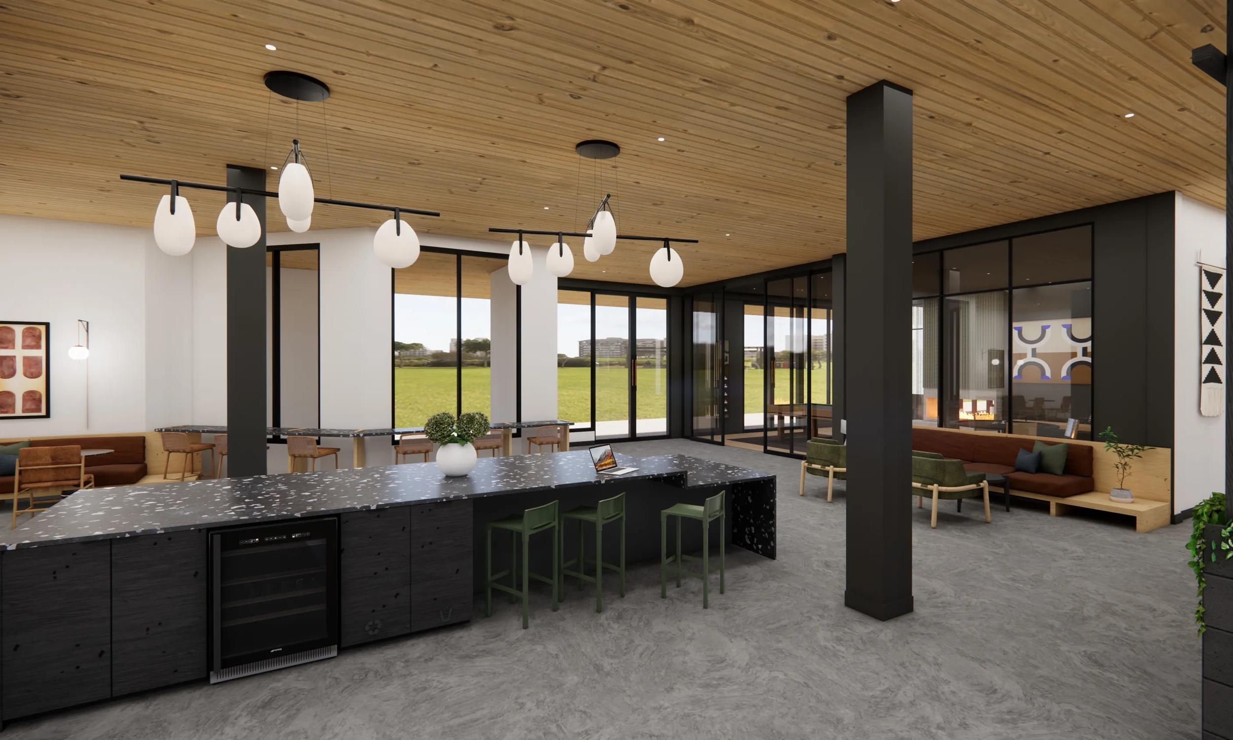 modera marmalade apartments in salt lake city community lounge and kitchen area