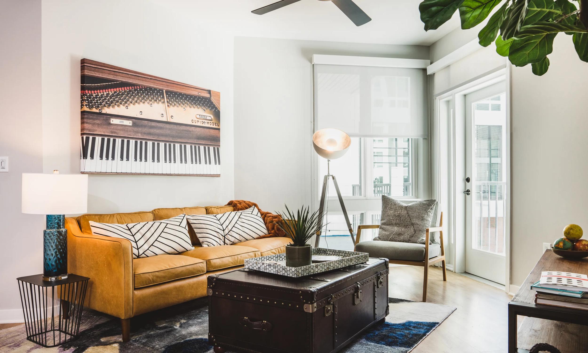 living room area with wood style flooring modera reynoldstown apartments in atlanta ga